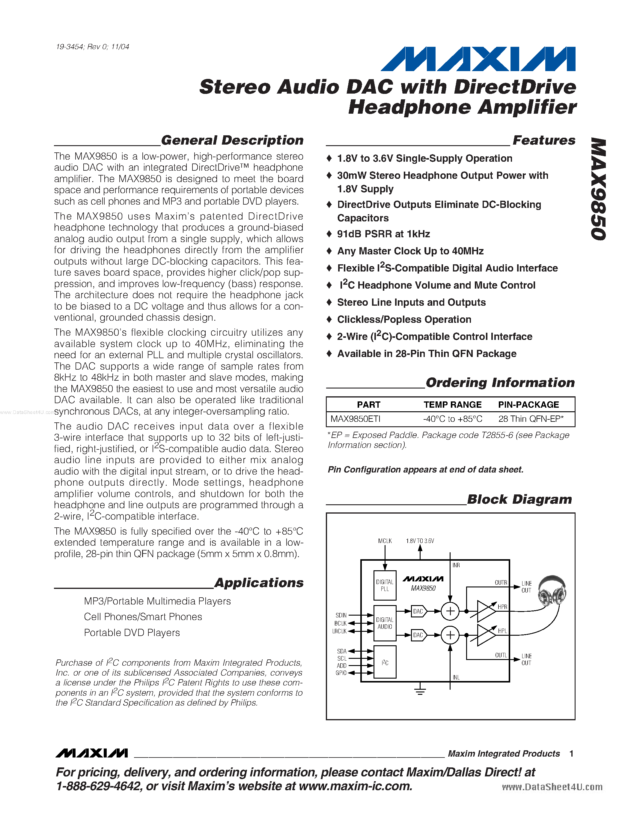 Datasheet MAX9850 - Stereo Audio DAC page 1