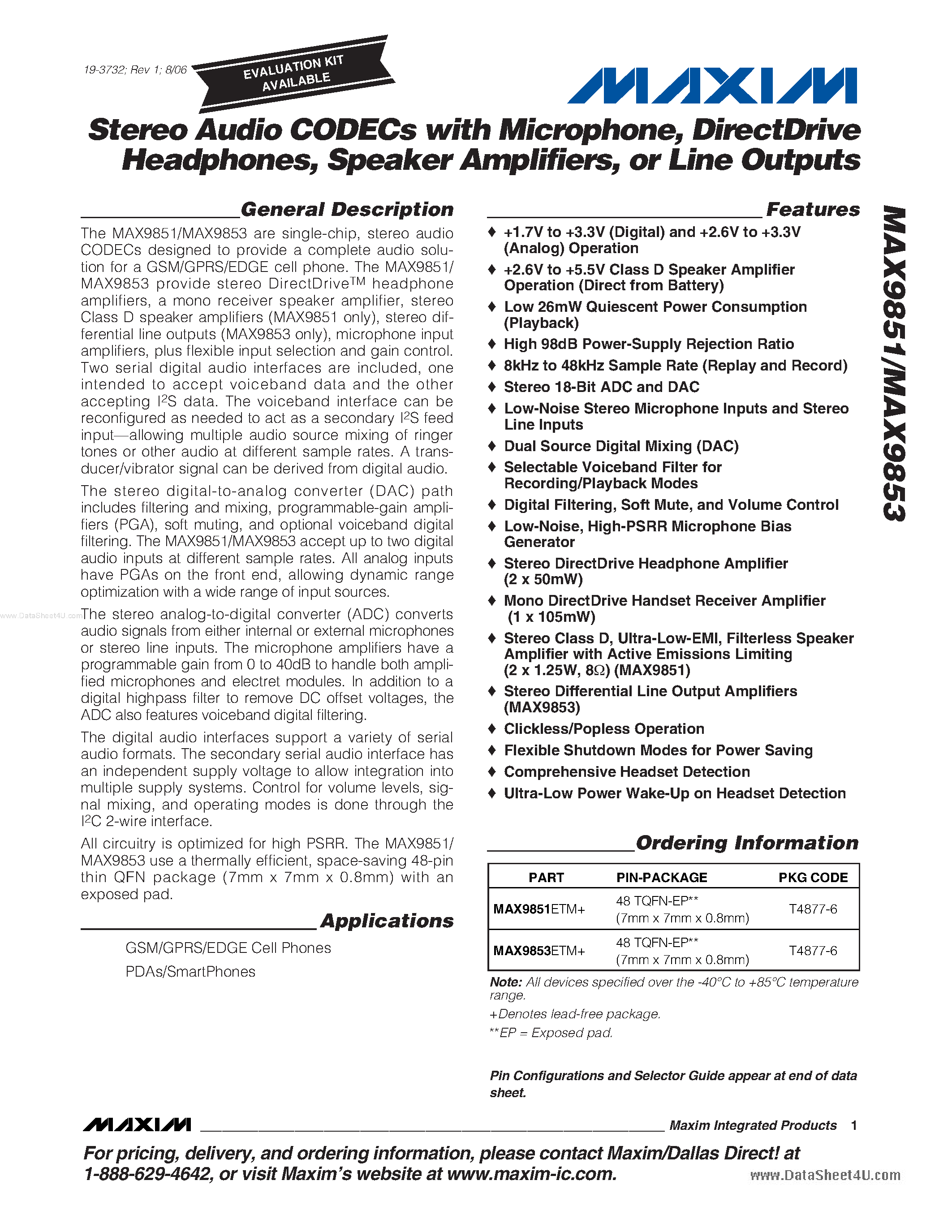 Даташит MAX9851 - (MAX9851 / MAX9853) Stereo Audio CODECs страница 1