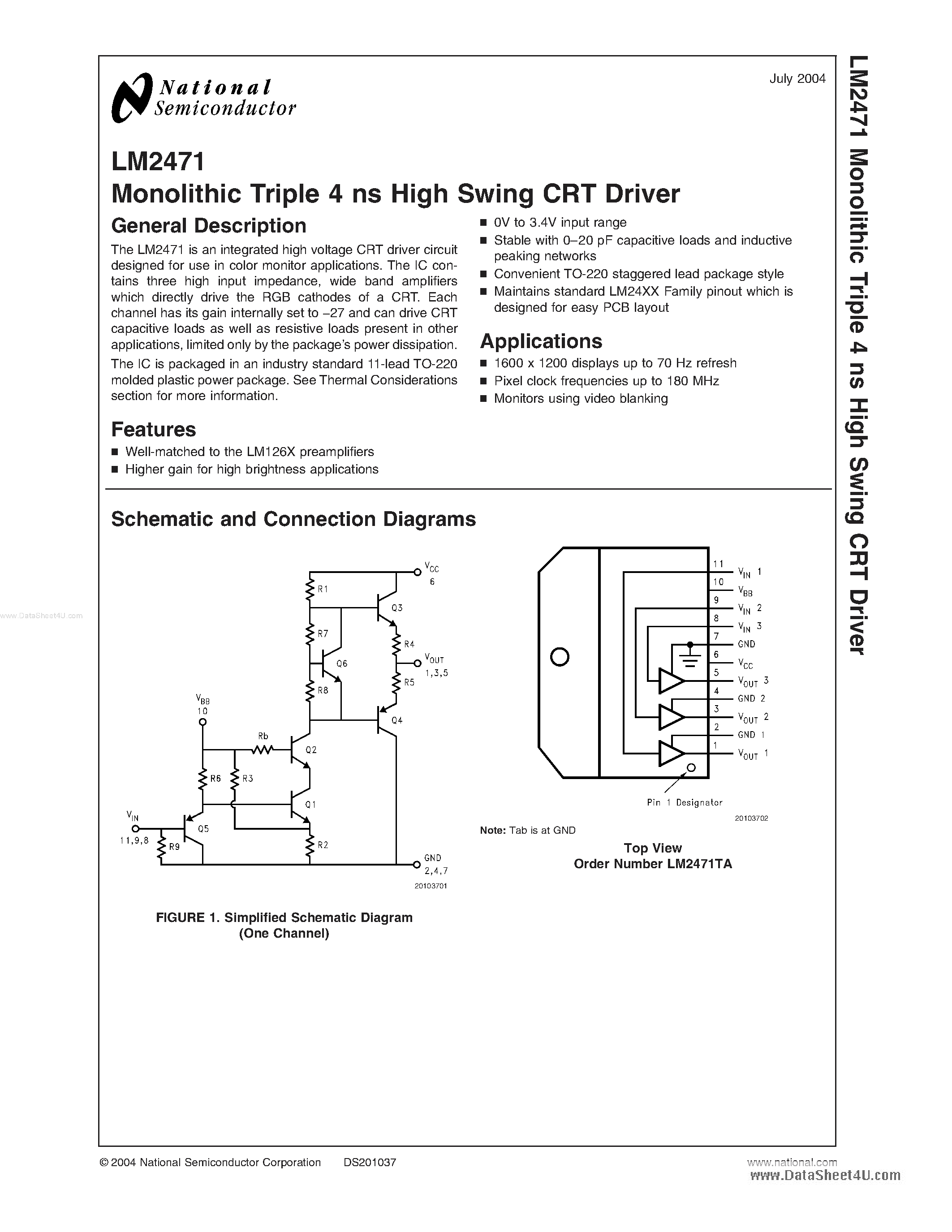 Datasheet LM2471 - Monolithic Triple 4 ns High Swing CRT Driver page 1