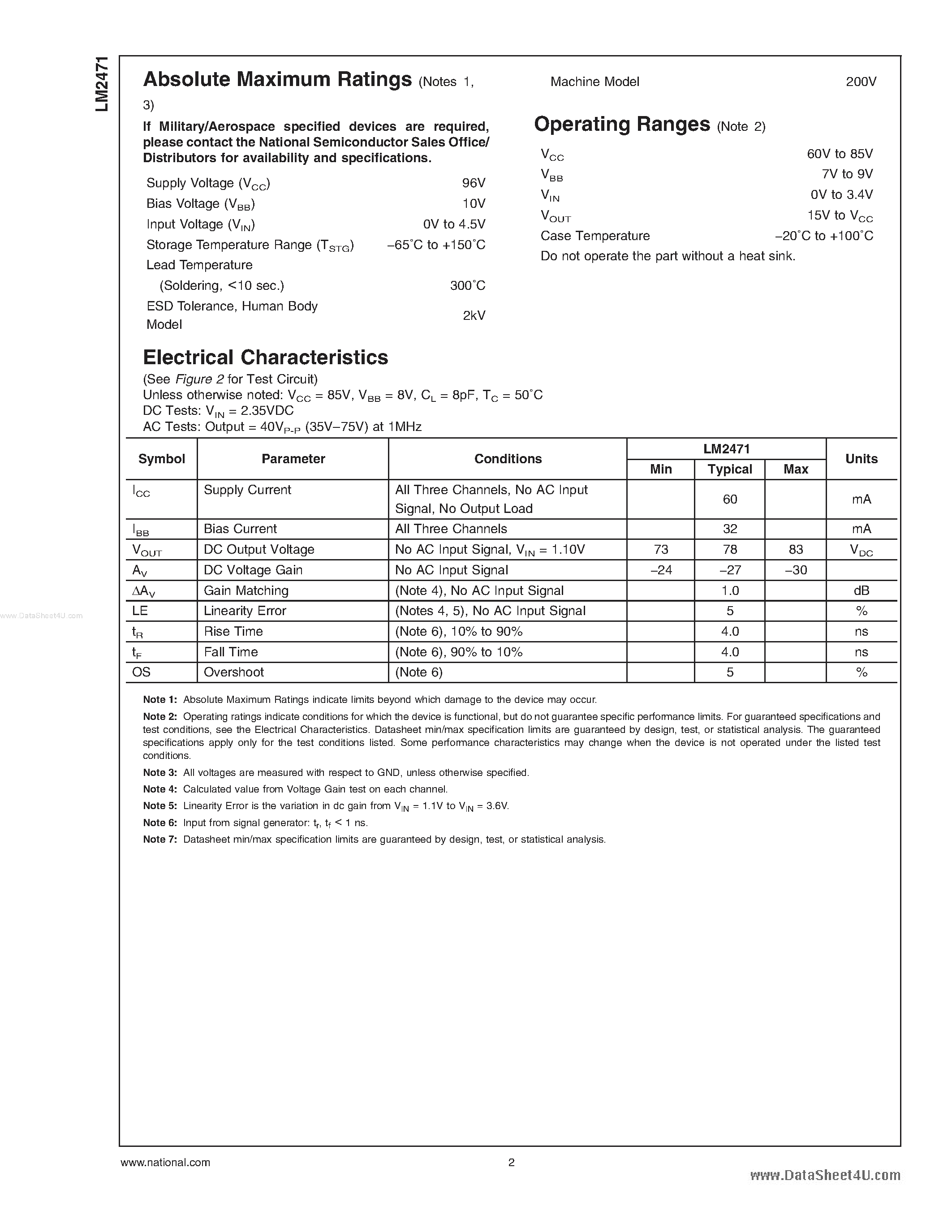 Datasheet LM2471 - Monolithic Triple 4 ns High Swing CRT Driver page 2