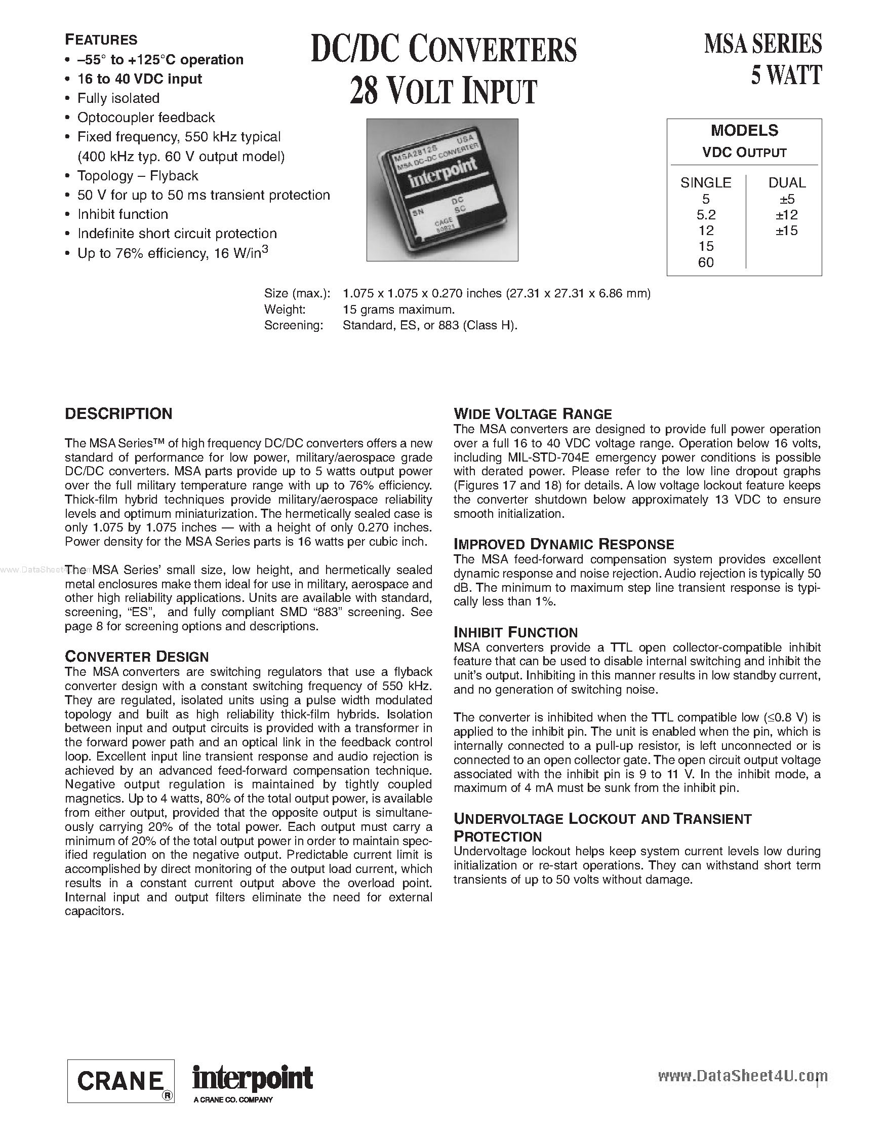 Datasheet MSA2805S page 1 Datasheet MSA2805S - (MSA28xxS) DC/DC CONVERTERS page 1