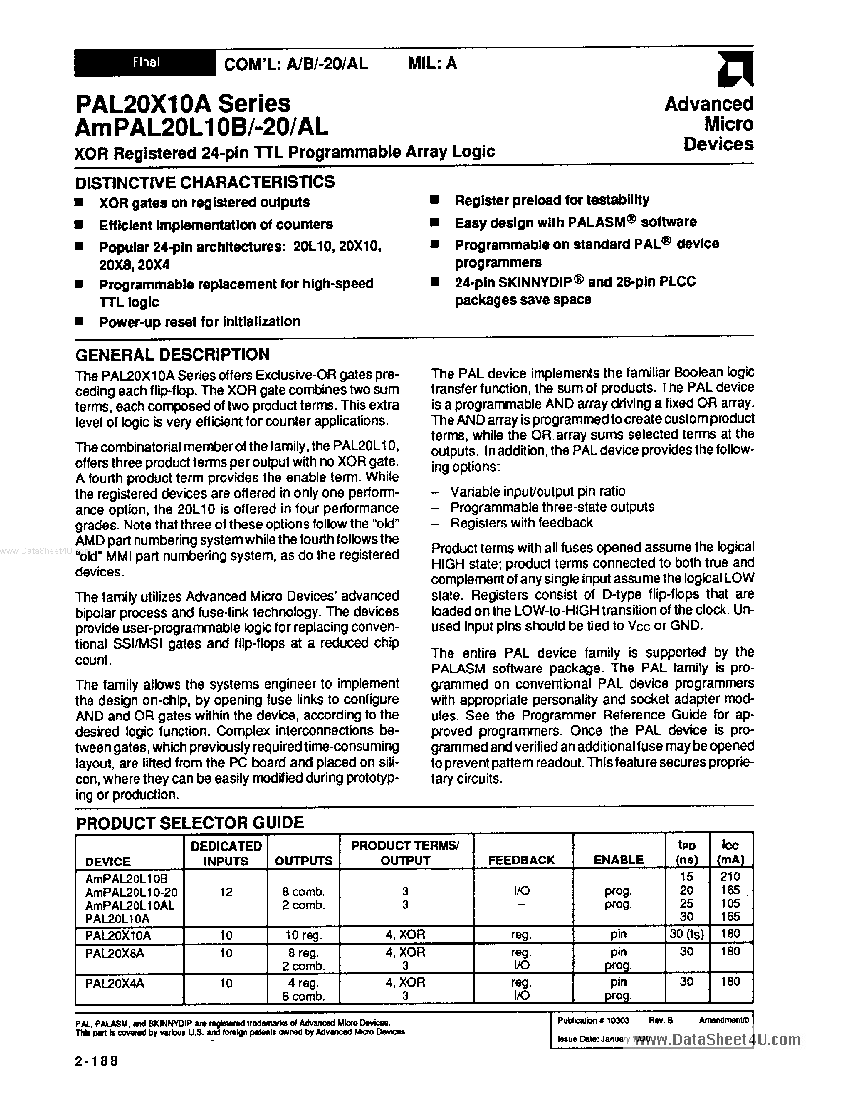 Datasheet AmPAL20L10-20 - XOR Registered 24-pin TTL Programmable Array Logic page 1