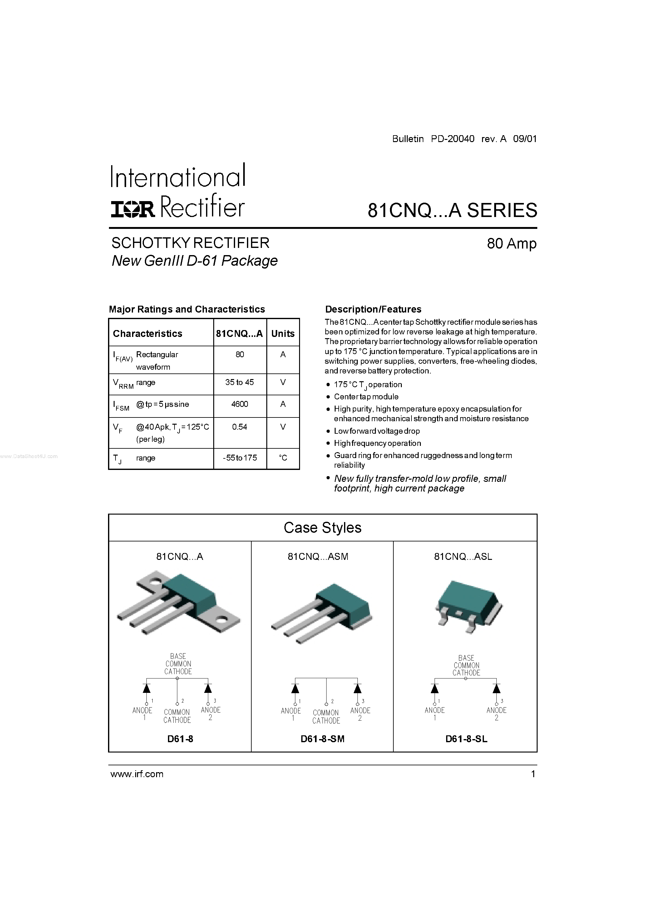 Datasheet 81CNQ035A page 1 Datasheet 81CNQ035A - (81CNQxxxA) SCHOTTKY RECTIFIER page 1