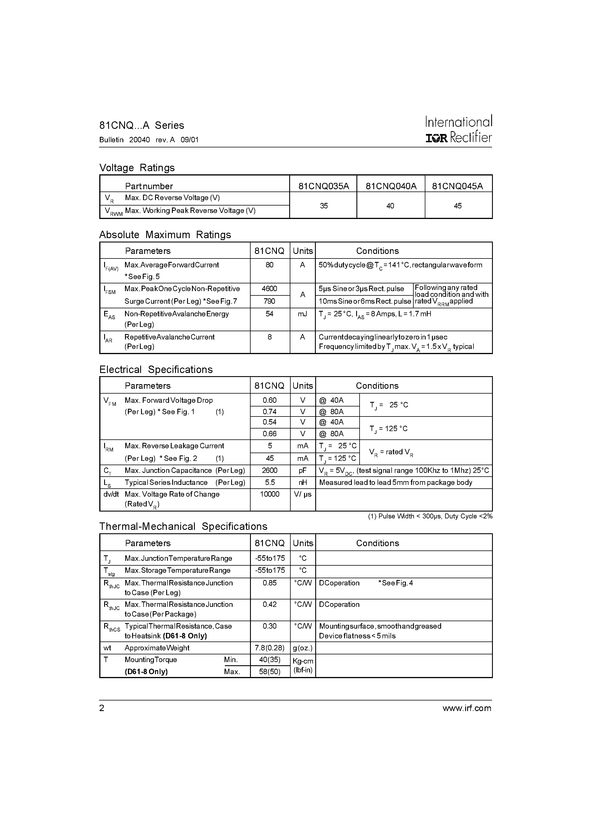 Datasheet 81CNQ035A page 2 Datasheet 81CNQ035A - (81CNQxxxA) SCHOTTKY RECTIFIER page 2