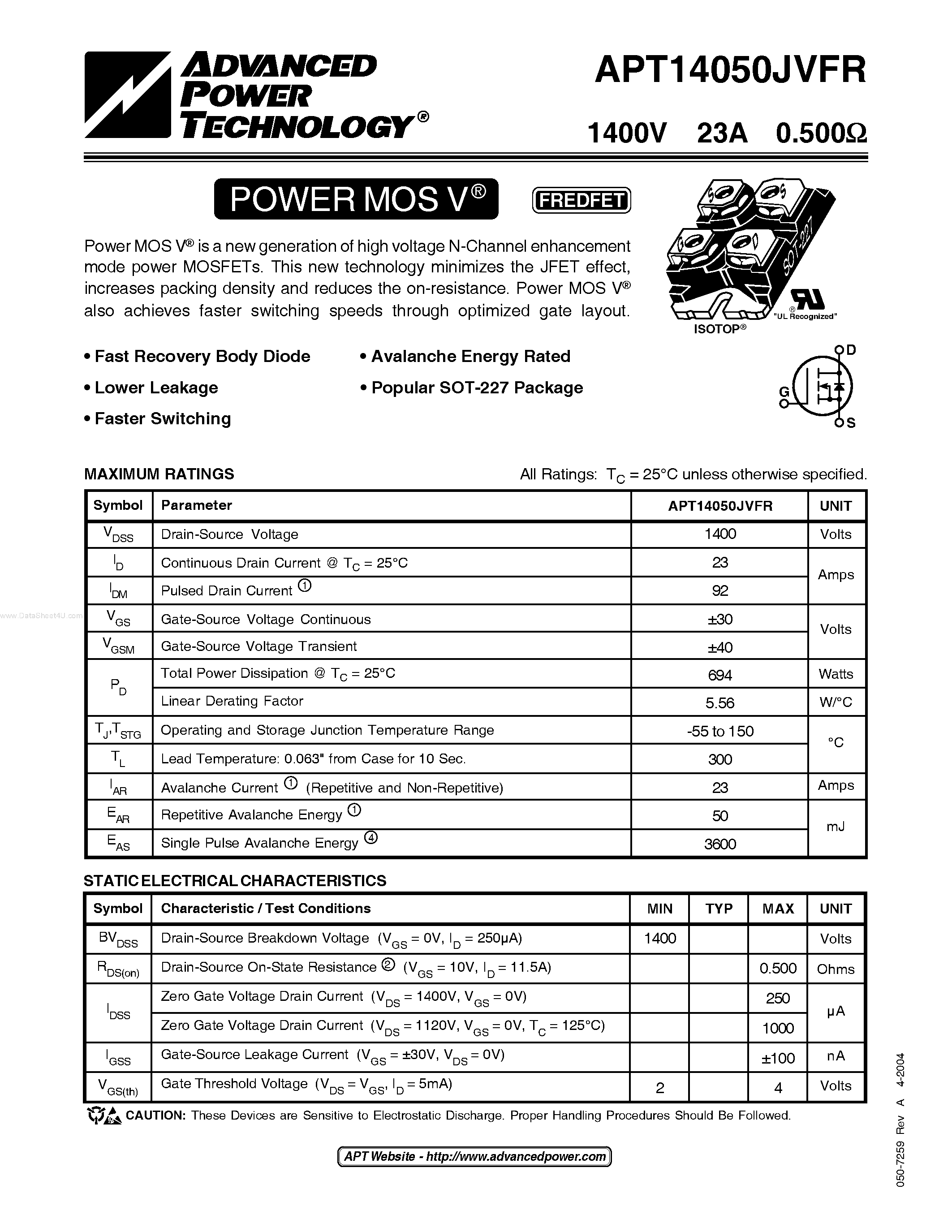 Datasheet APT14050JVFR - POWER MOS V FREDFET page 1