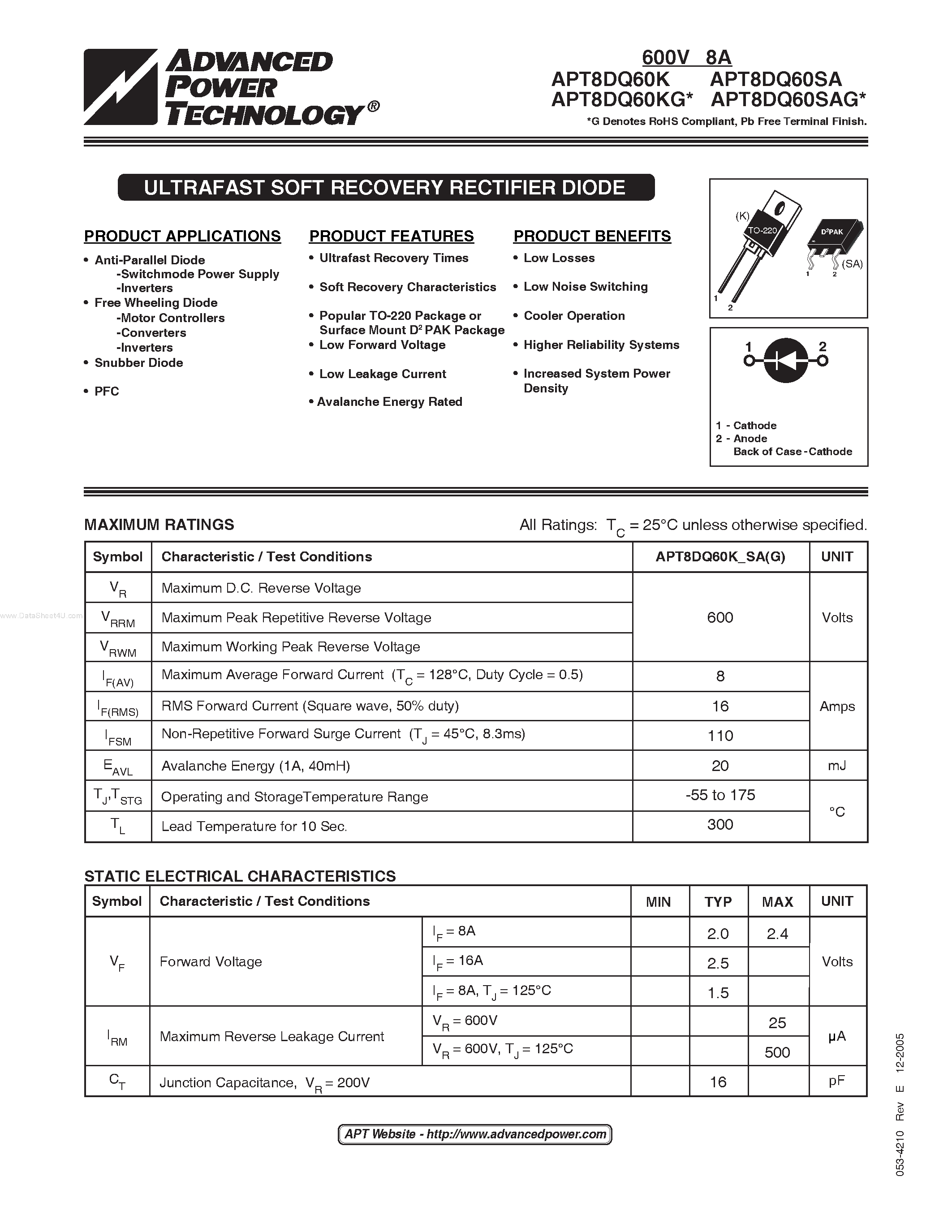 Datasheet APT8DQ60K - (APT8DQ60x) ULTRAFAST SOFT RECOVERY RECTIFIER DIODE page 1