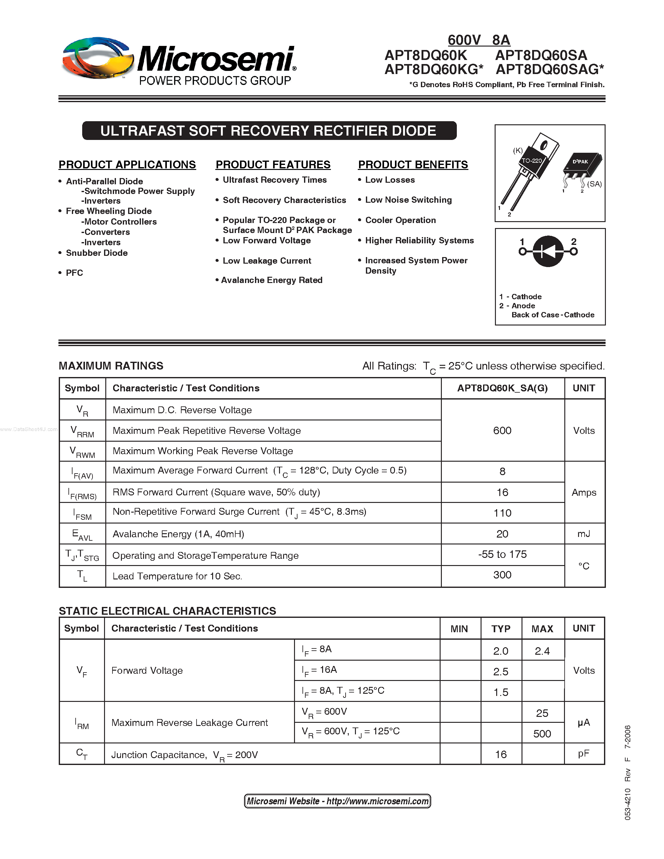 Datasheet APT8DQ60K page 1 Datasheet APT8DQ60K - (APT8DQ60x) ULTRAFAST SOFT RECOVERY RECTIFIER DIODE page 1