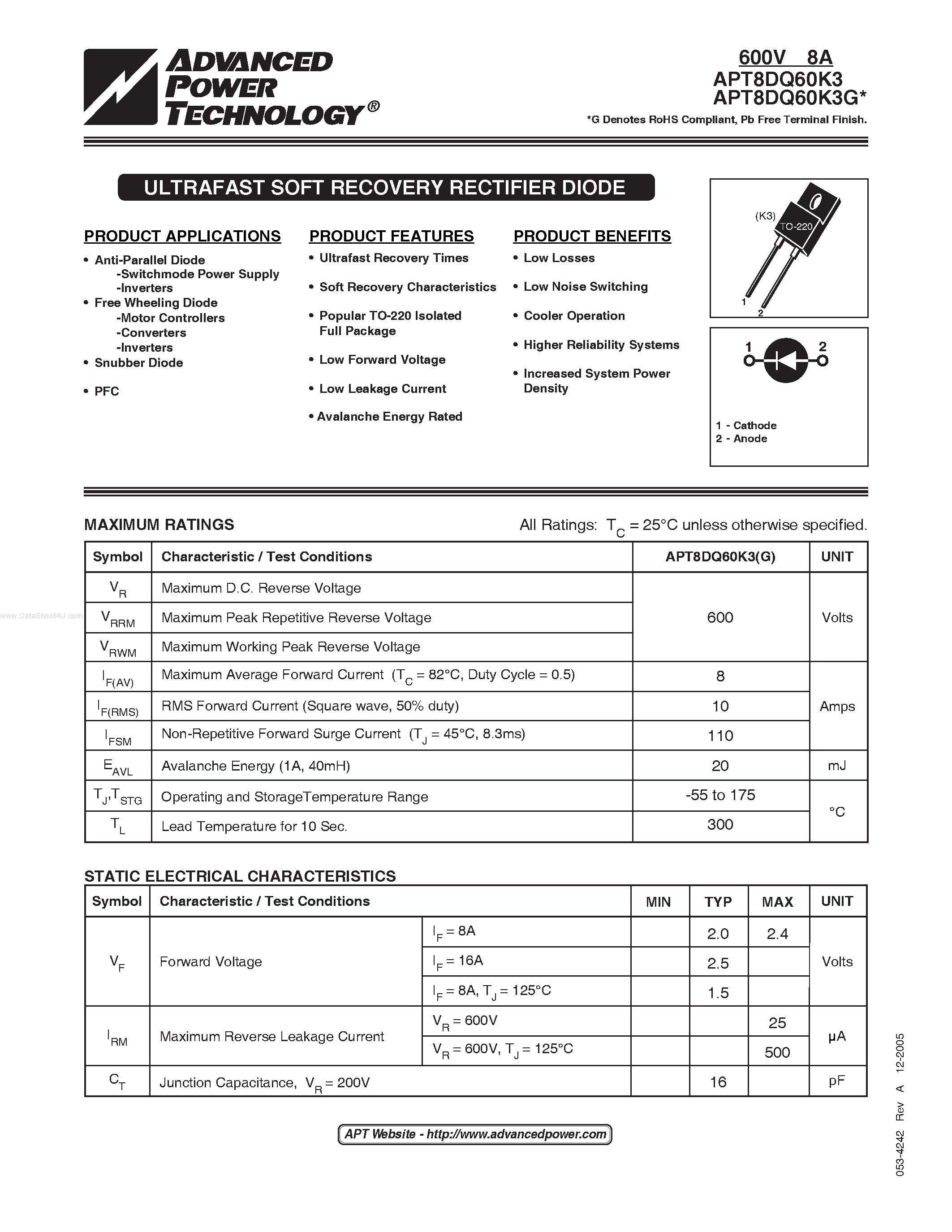 Datasheet APT8DQ60K3 page 1 Datasheet APT8DQ60K3 - ULTRAFAST SOFT RECOVERY RECTIFIER DIODE page 1