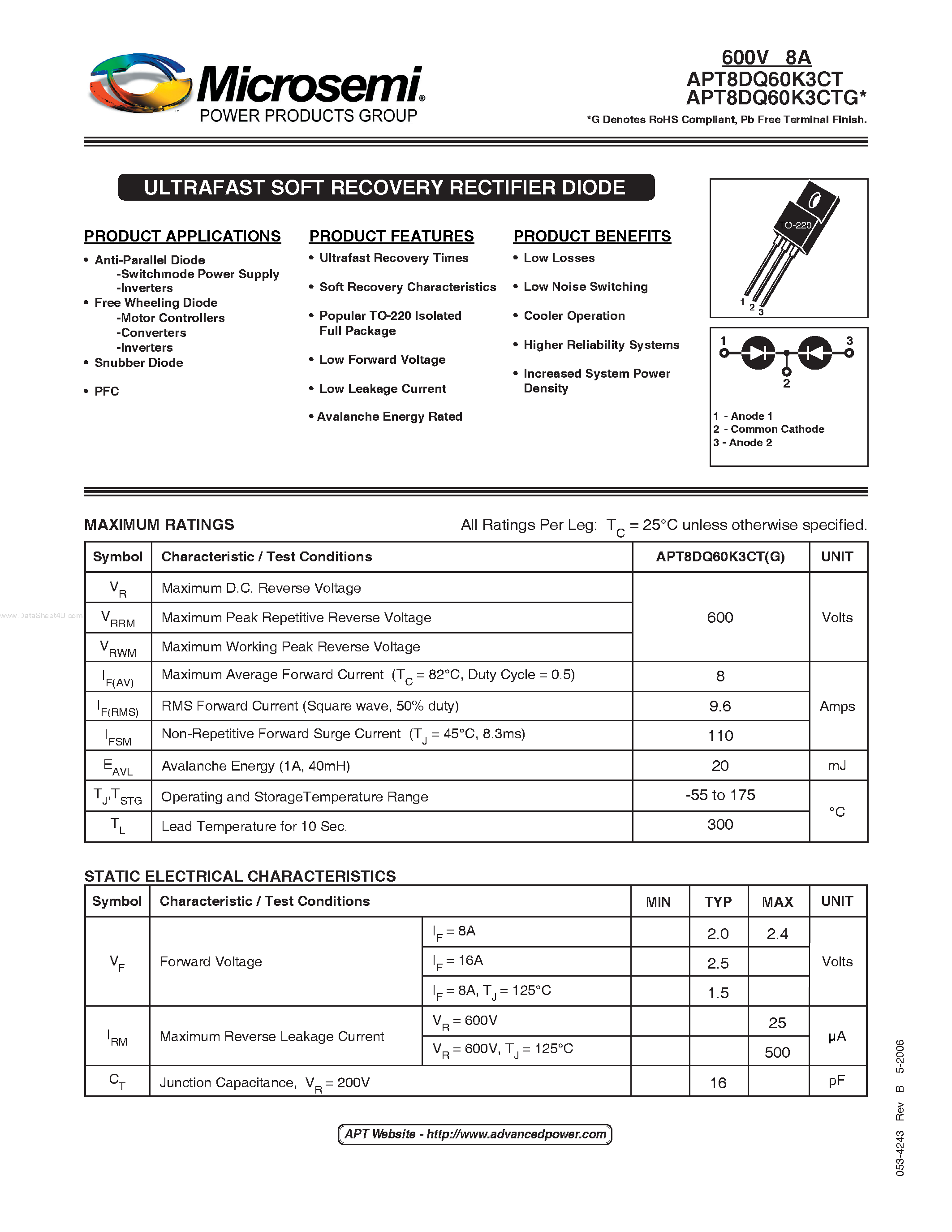 Даташит APT8DQ60K3CT - ULTRAFAST SOFT RECOVERY RECTIFIER DIODE страница 1