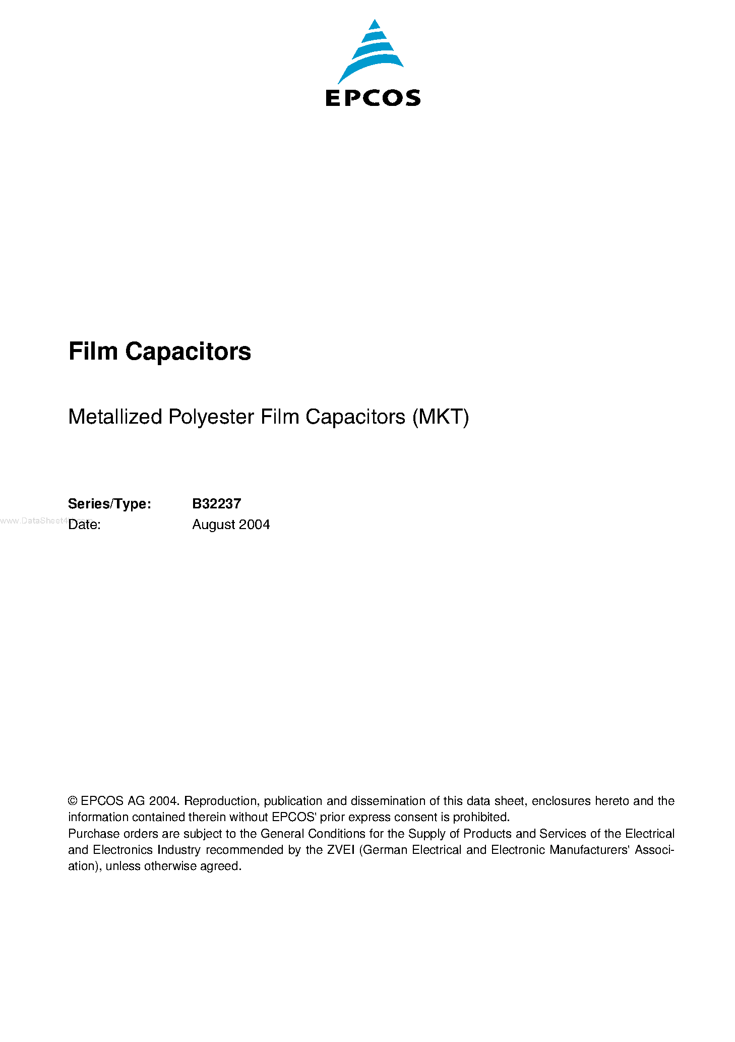 Datasheet B32237 - Metallized polyester film capacitors page 1