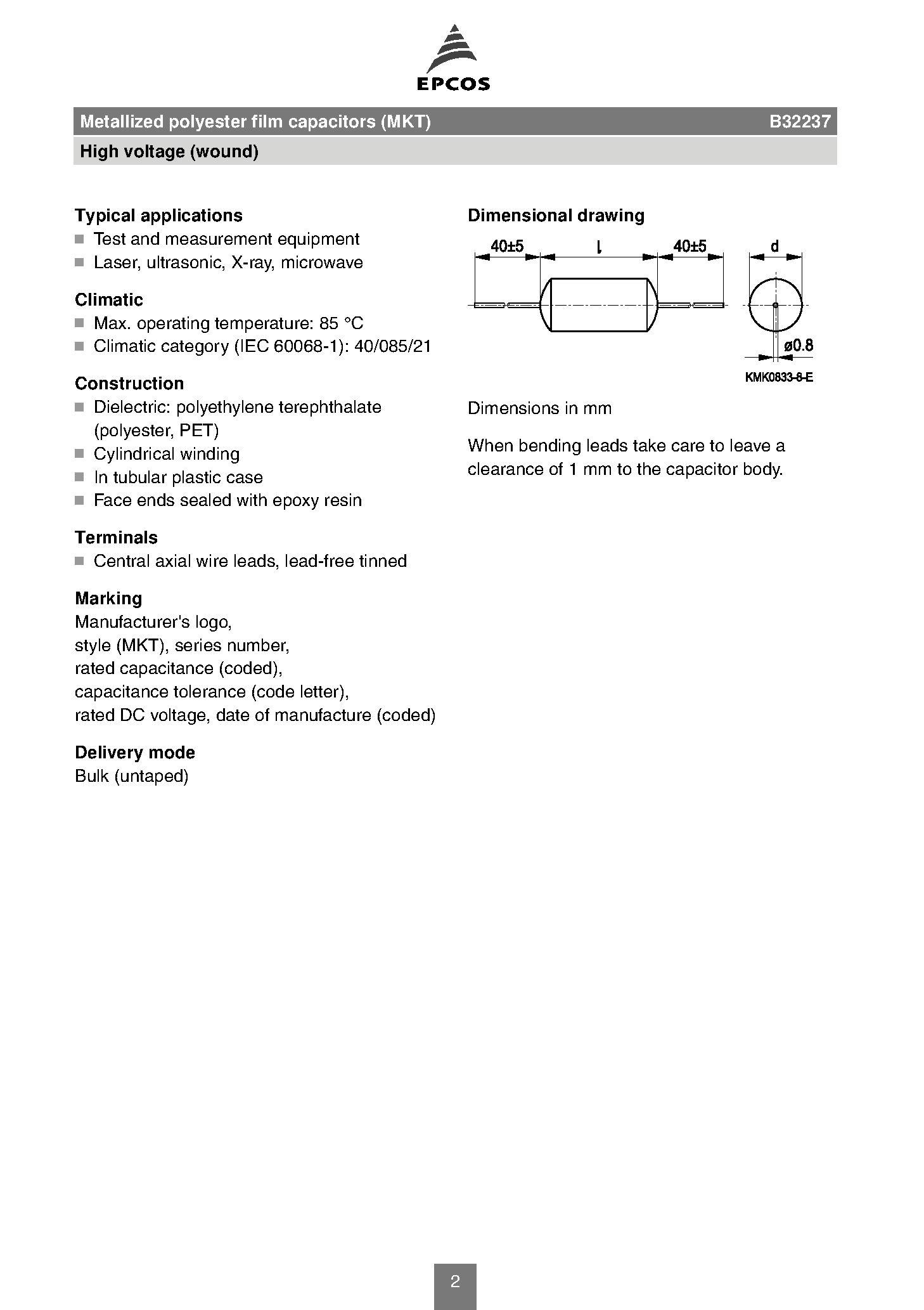 Datasheet B32237 - Metallized polyester film capacitors page 2