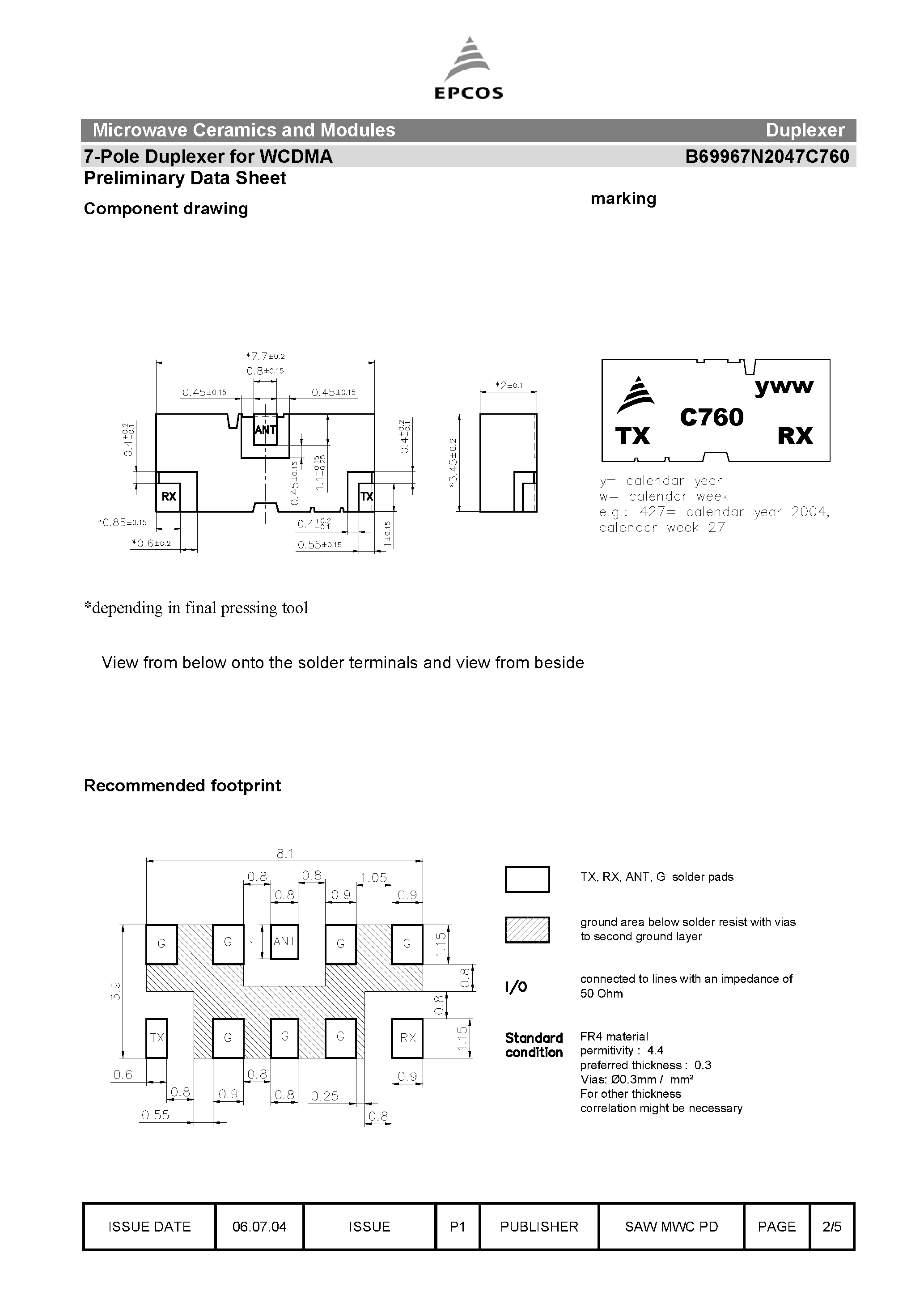 Datasheet B69967N2047C760 - 7-Pole Duplexer page 2