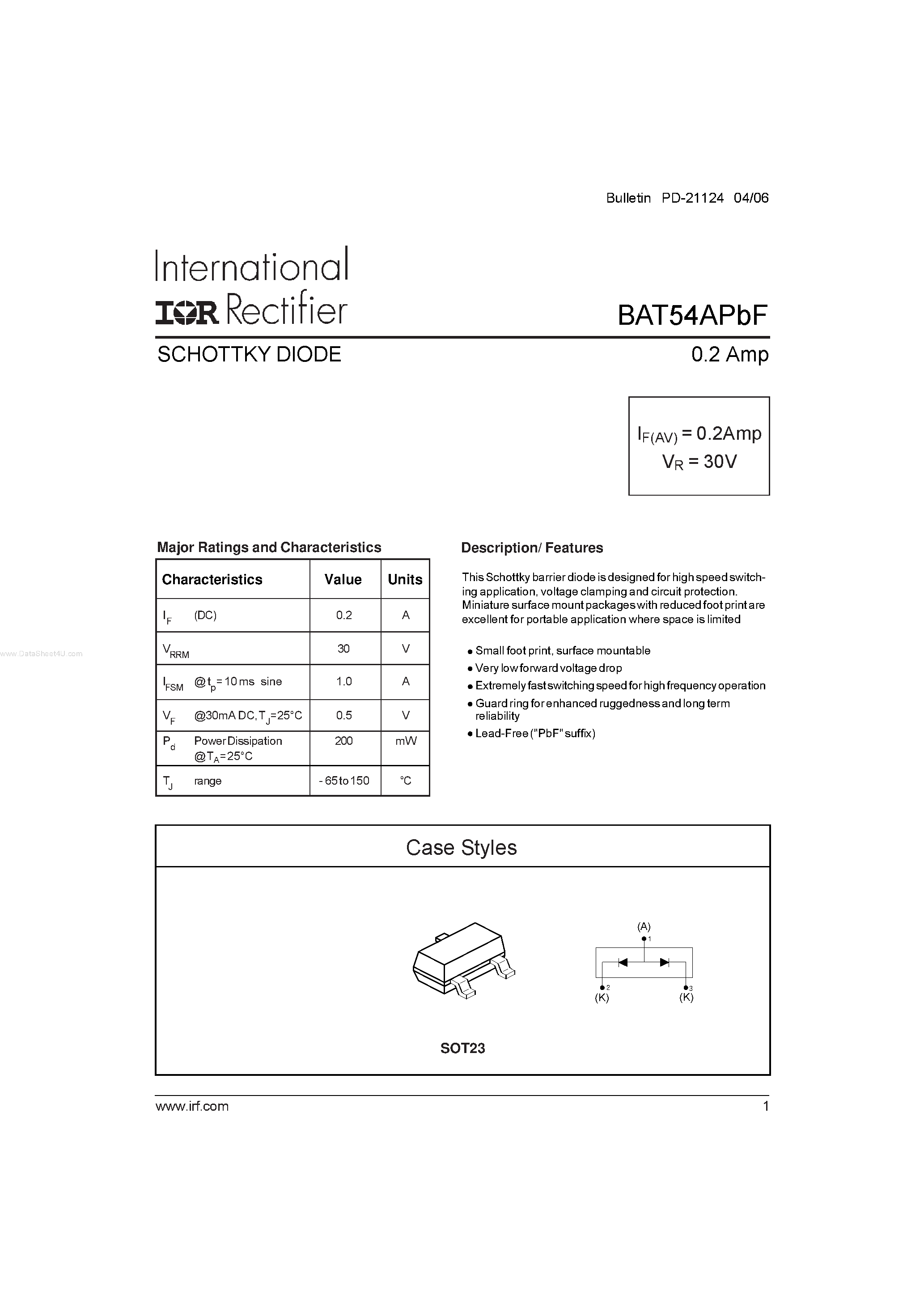 Datasheet BAT54APBF - SCHOTTKY DIODE page 1