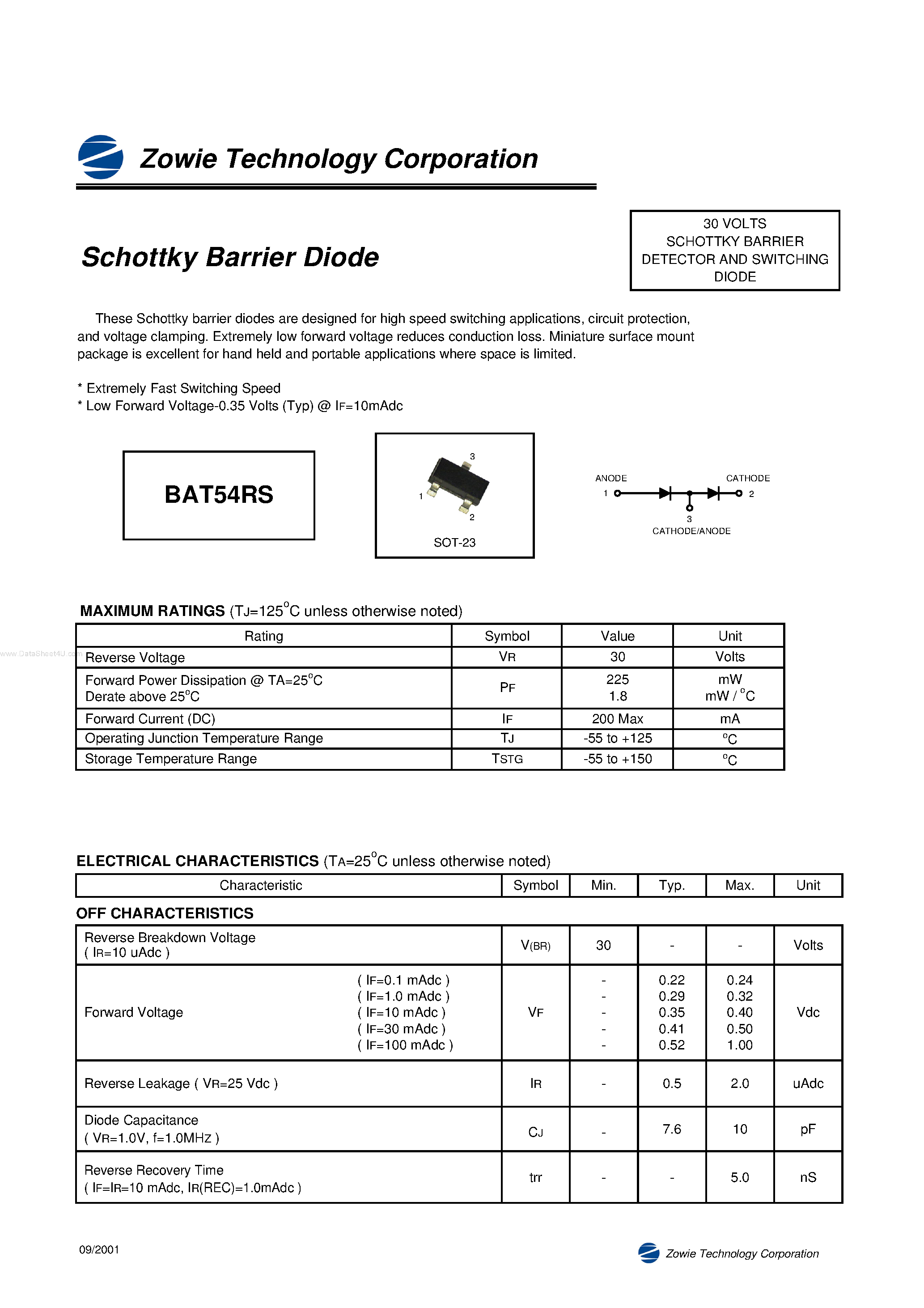 Datasheet BAT54RS - Schottky Barrier Diode page 1