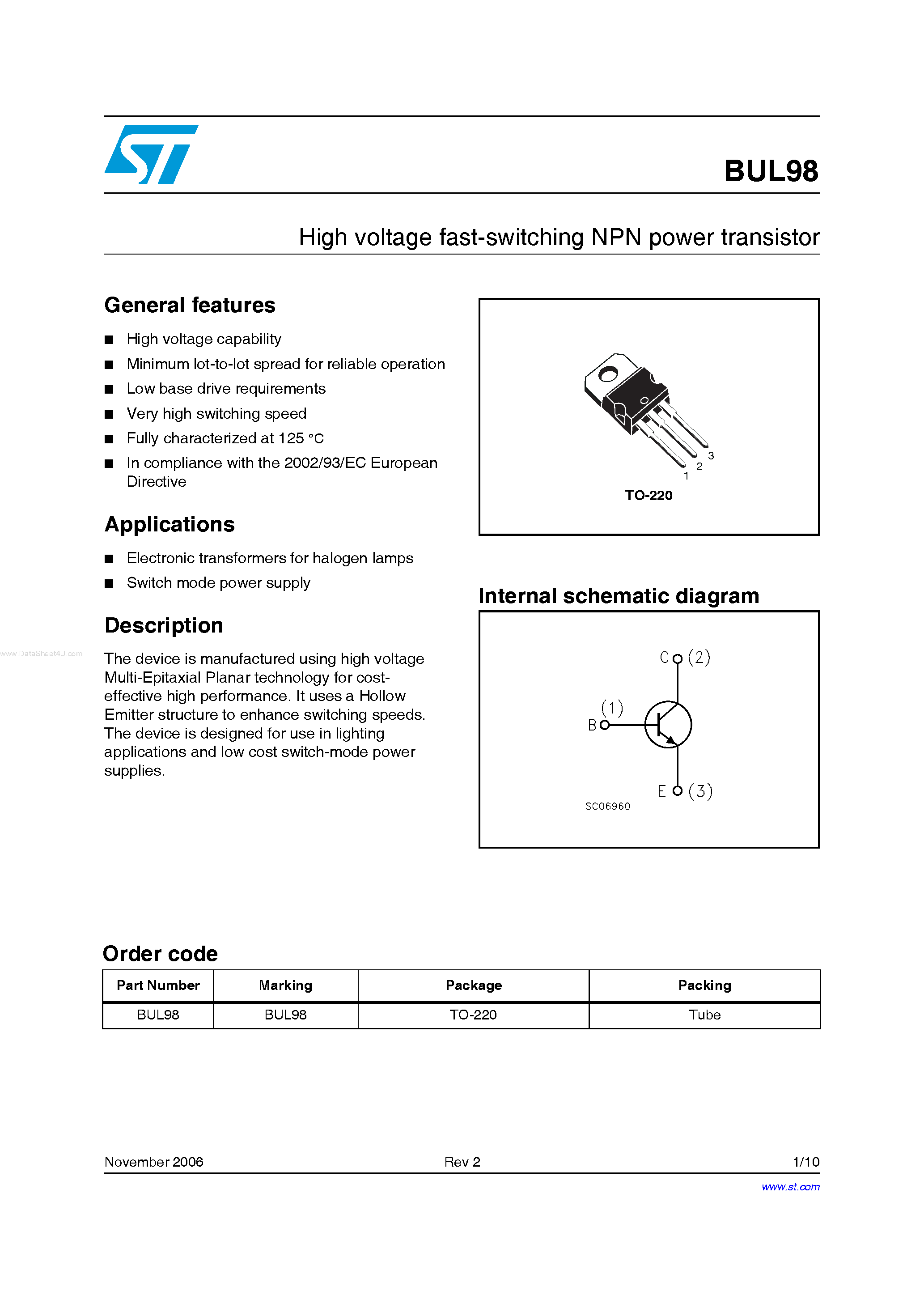Даташит на микросхему BUL98 страница 1 Даташит BUL98 - High voltage fast-switching NPN power transistor страница 1