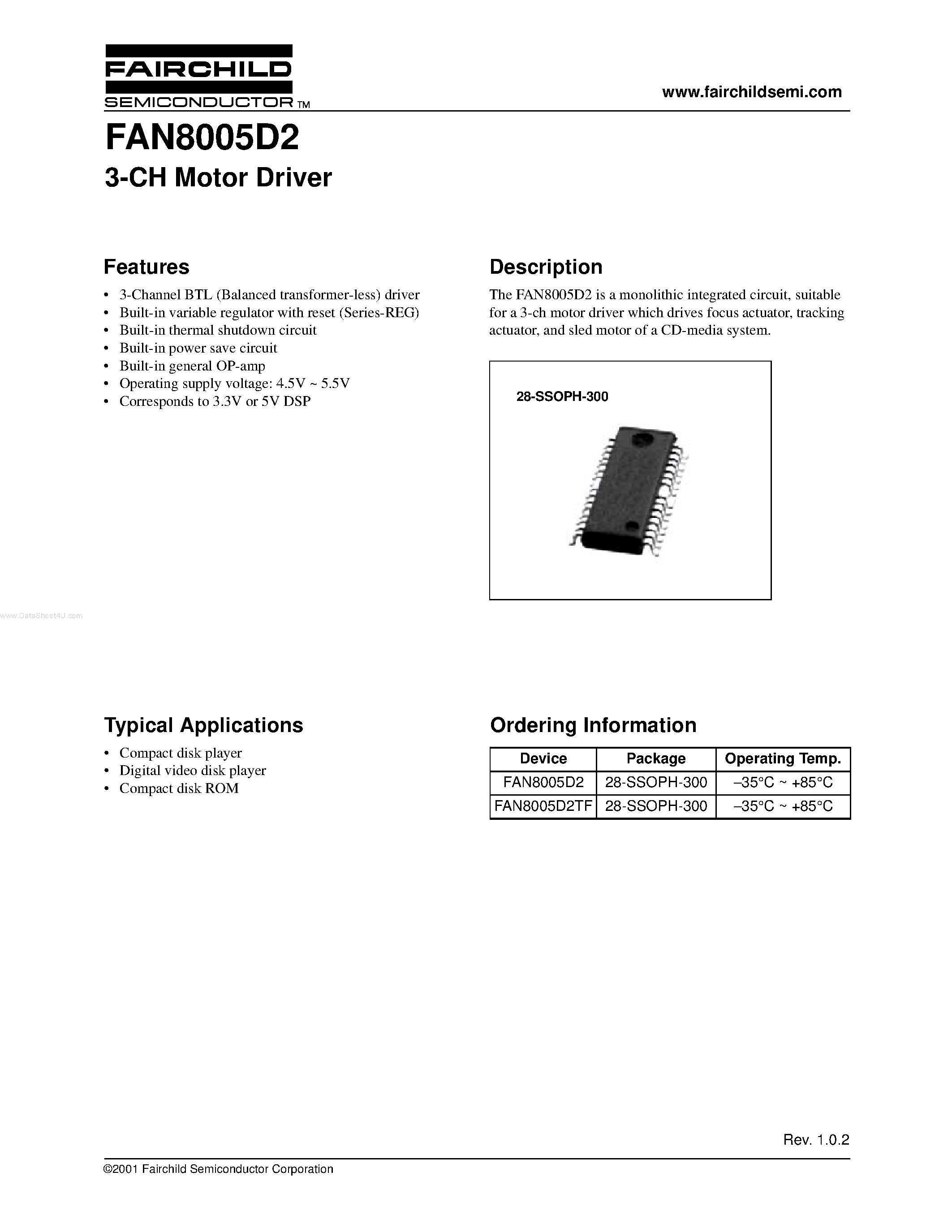 Datasheet FAN8005D2 - 3-CH Motor Driver page 1