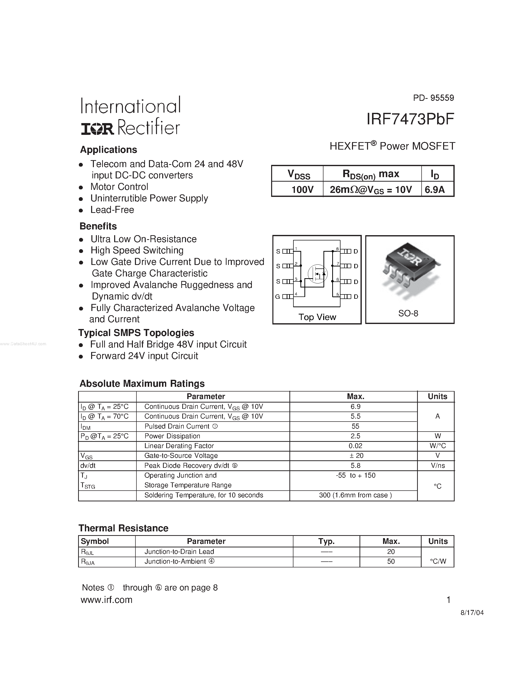 Datasheet IRF7473PBF - HEXFET Power MOSFET page 1