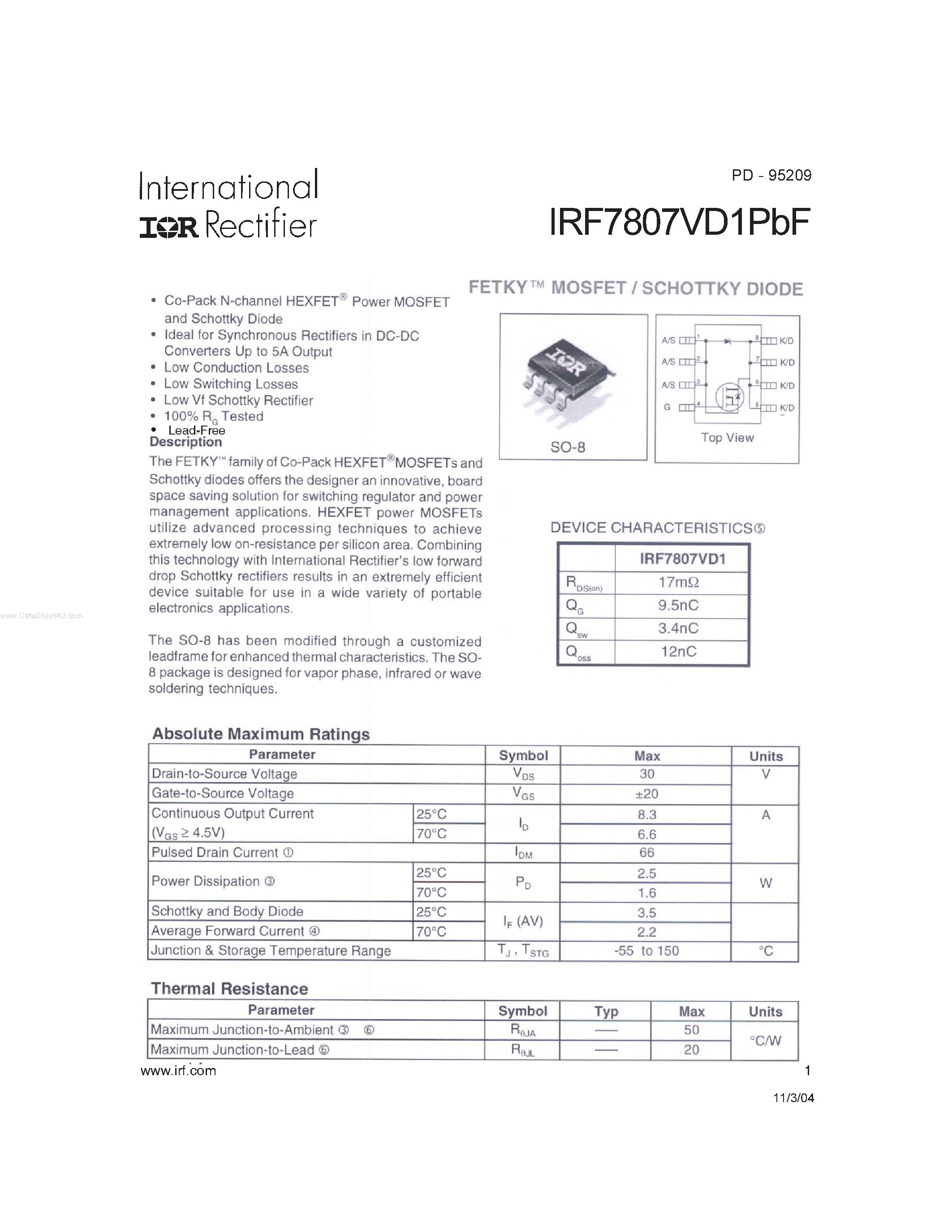 Datasheet IRF7807VD1PBF - HEXFET Power MOSFET page 1