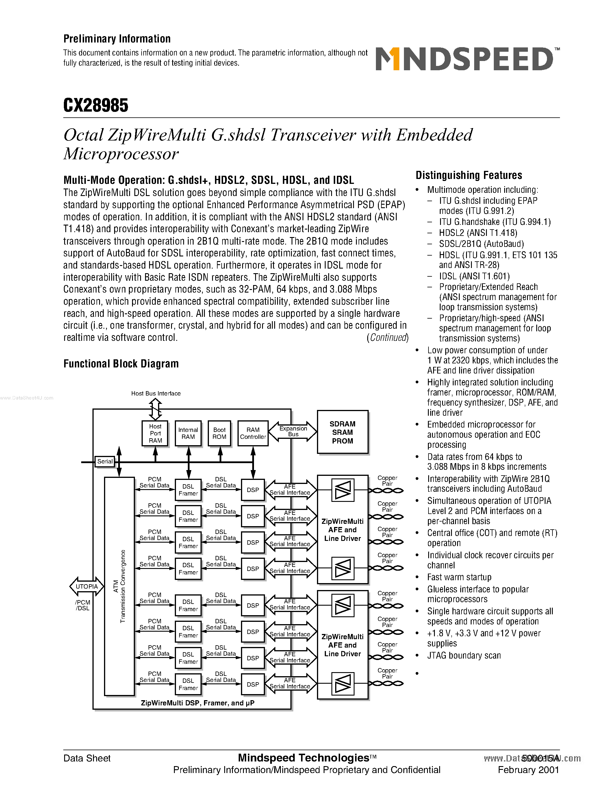 Datasheet CX28985 page 1 Datasheet CX28985 - Octal G.Shdsl Transceiver page 1