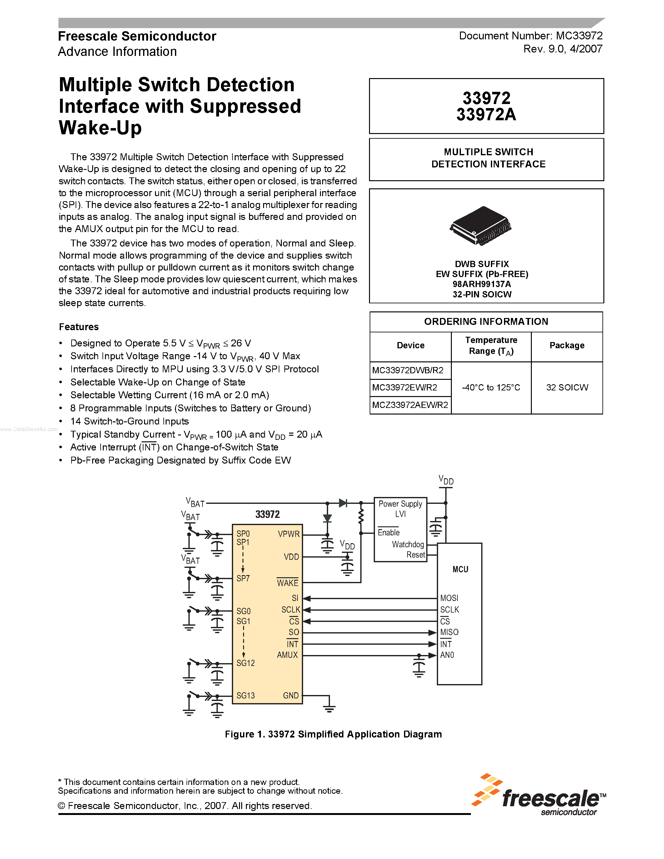 Datasheet MCZ33972 page 1 Datasheet MCZ33972 - Multiple Switch Detection Interface page 1