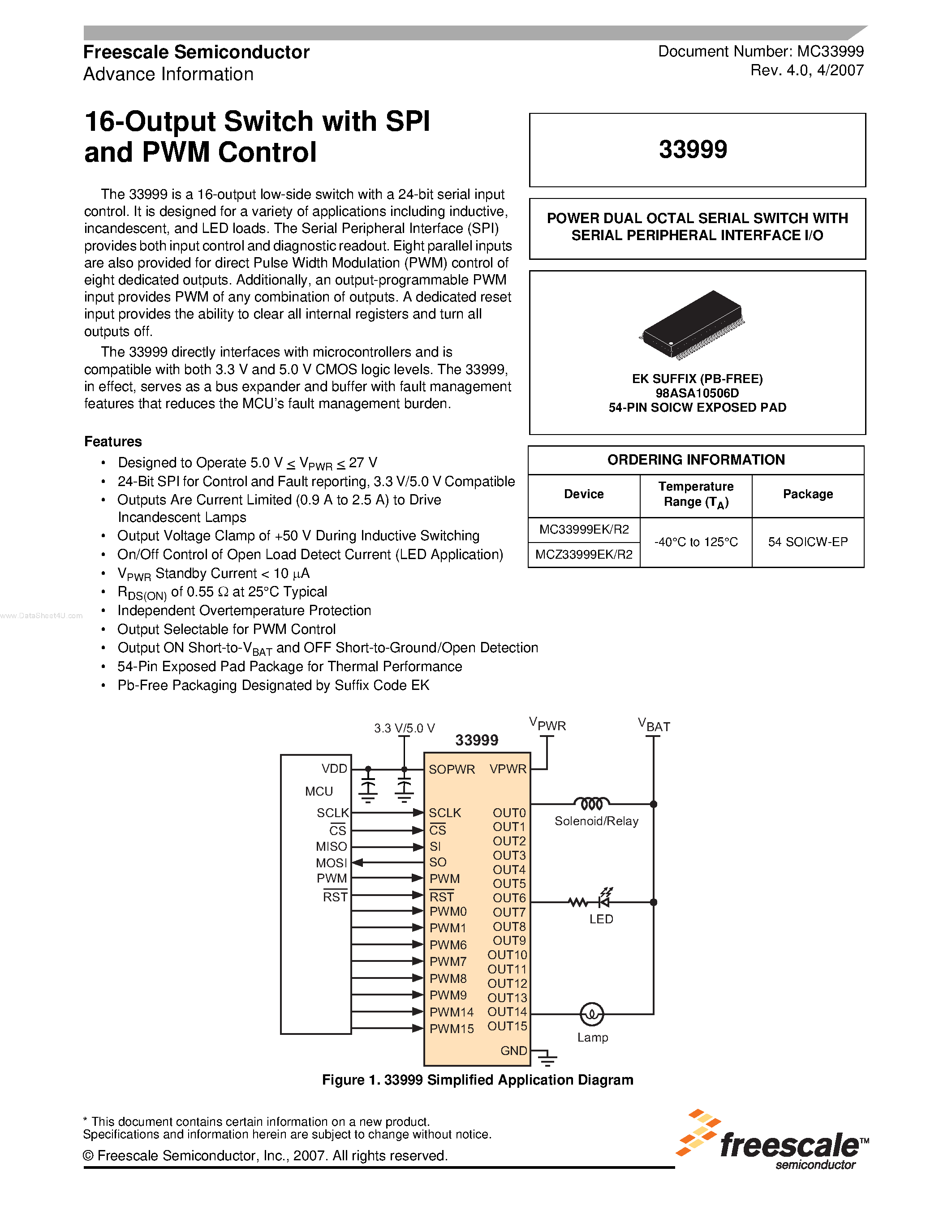 Datasheet MCZ33999 page 1 Datasheet MCZ33999 - 16-Output Switch page 1