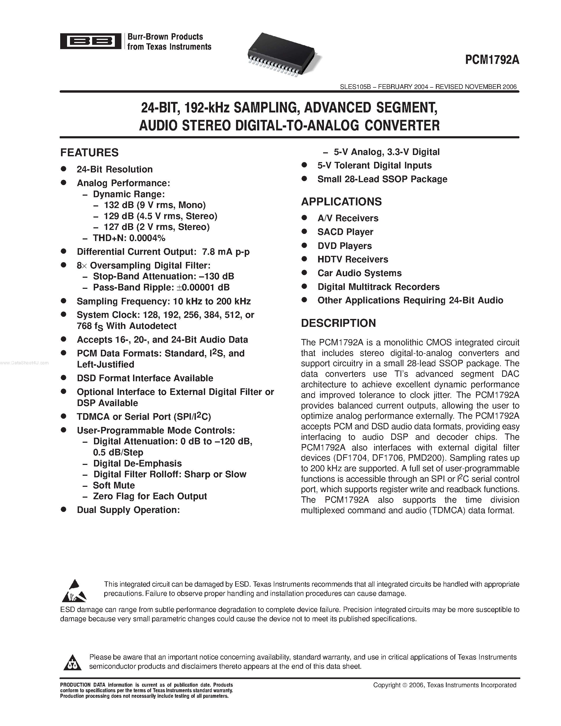 Даташит на микросхему PCM1792A страница 1 Даташит PCM1792A - audio stereo digital-to-analog converter страница 1