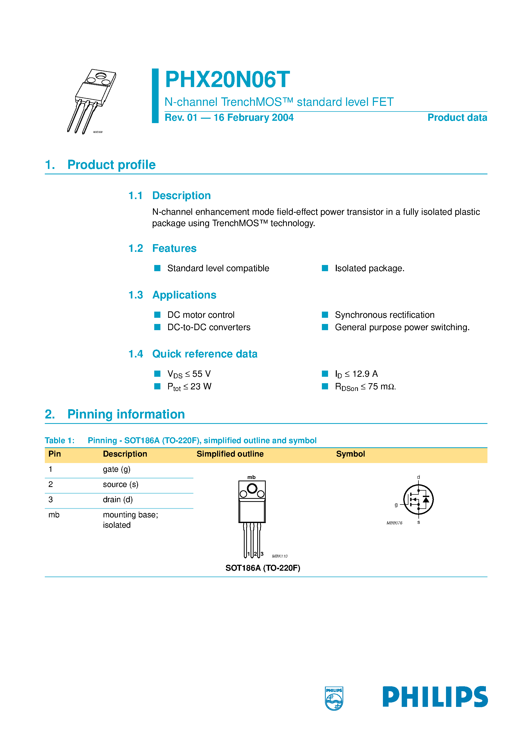 Datasheet PHX20N06T - N-channel standard level FET page 1