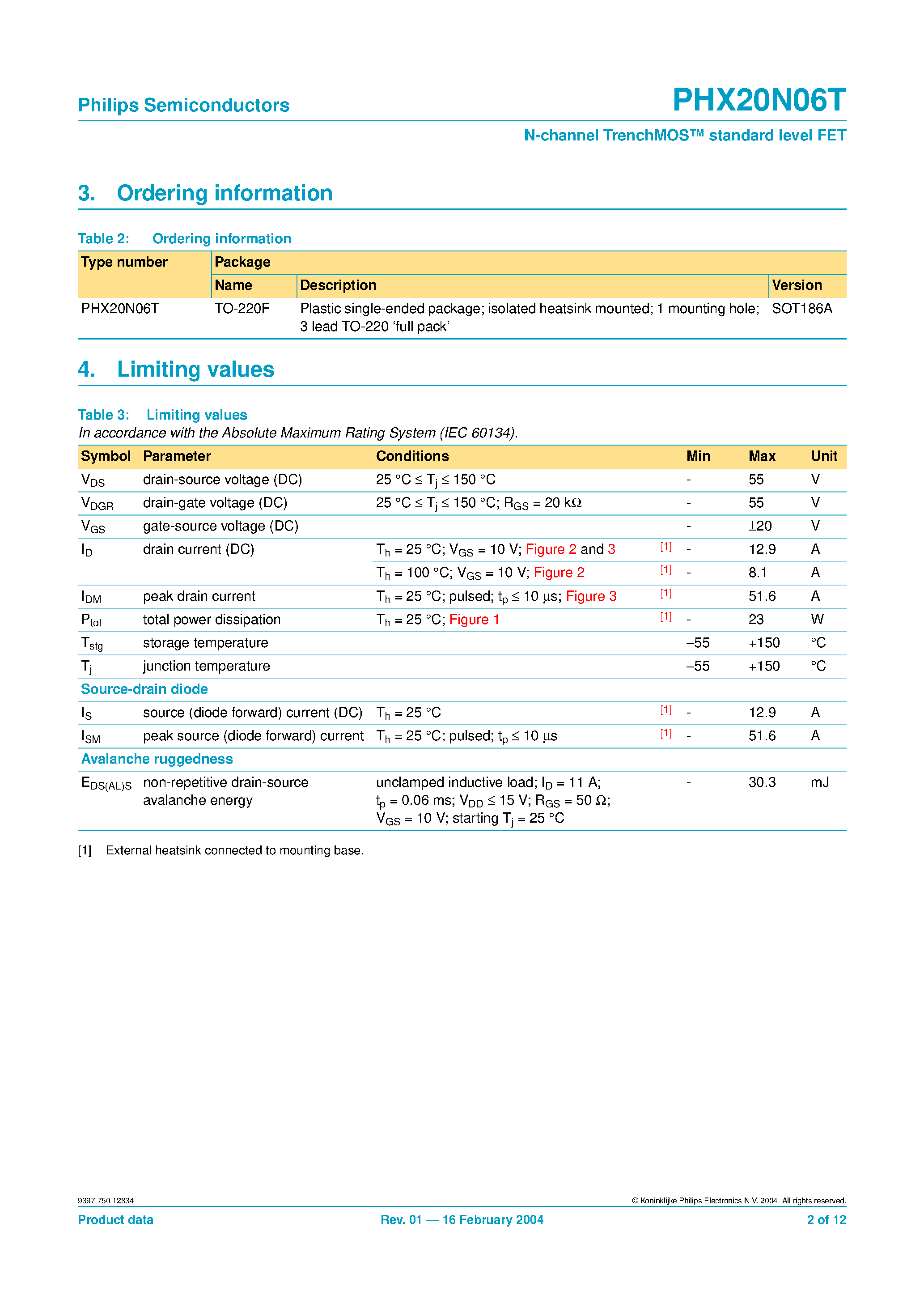 Datasheet PHX20N06T - N-channel standard level FET page 2