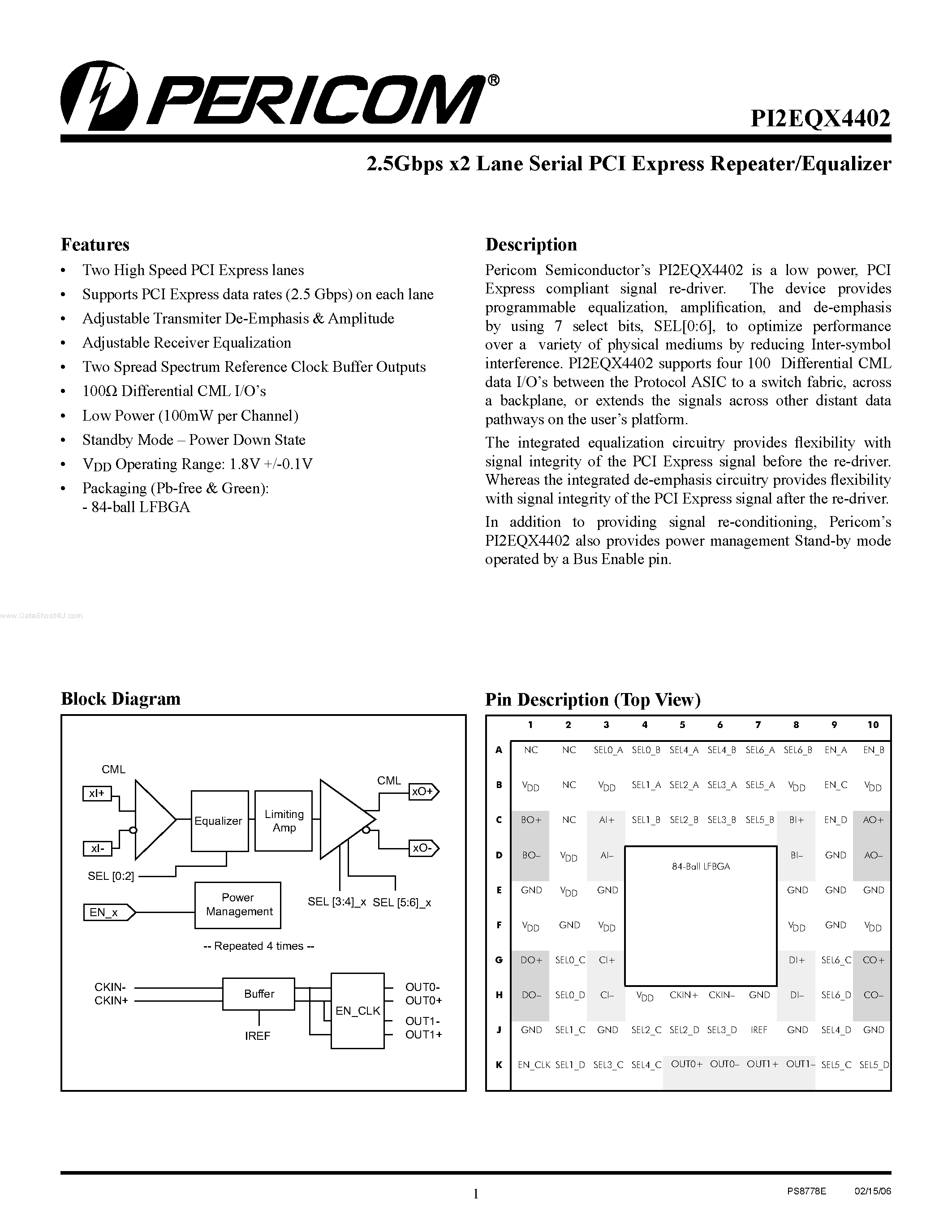 Datasheet PI2EQX4402 - 2.5Gbps x2 Lane Serial PCI Express Repeater/Equalizer page 1