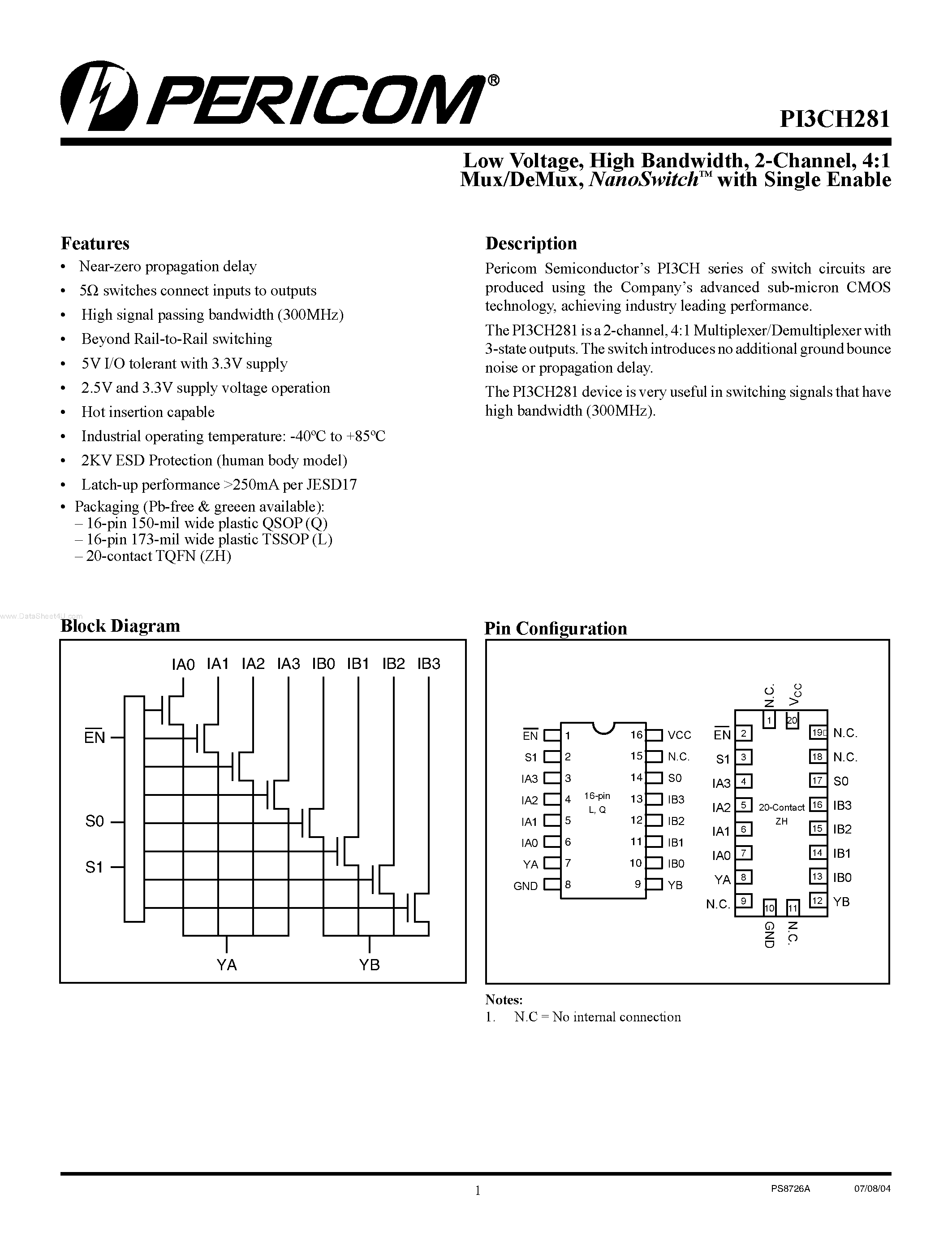 Datasheet PI3CH281 - 4:1 Mux/DeMux NanoSwitch page 1