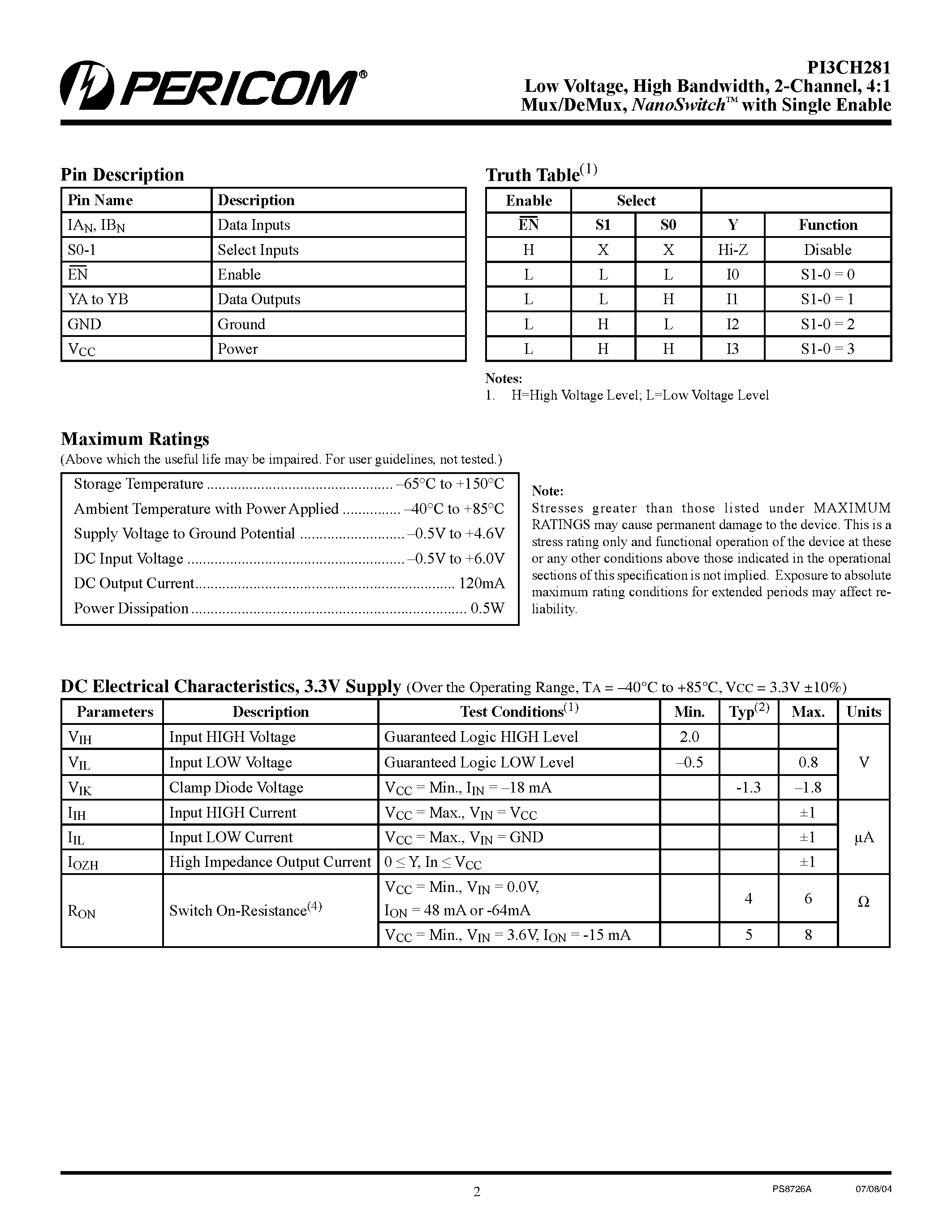 Datasheet PI3CH281 - 4:1 Mux/DeMux NanoSwitch page 2