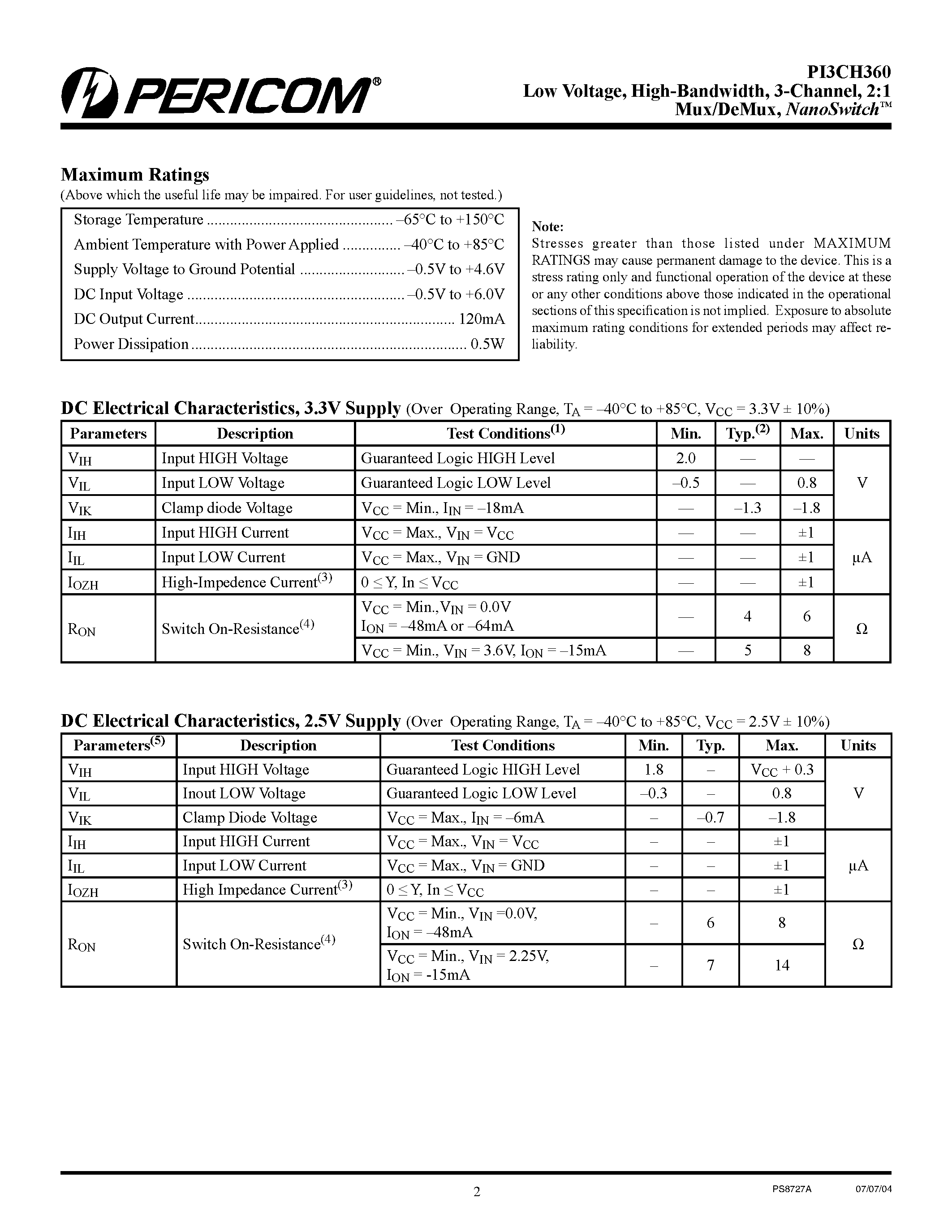 Datasheet PI3CH360 - 3-Channel 2:1 Mux/DeMux NanoSwitch page 2