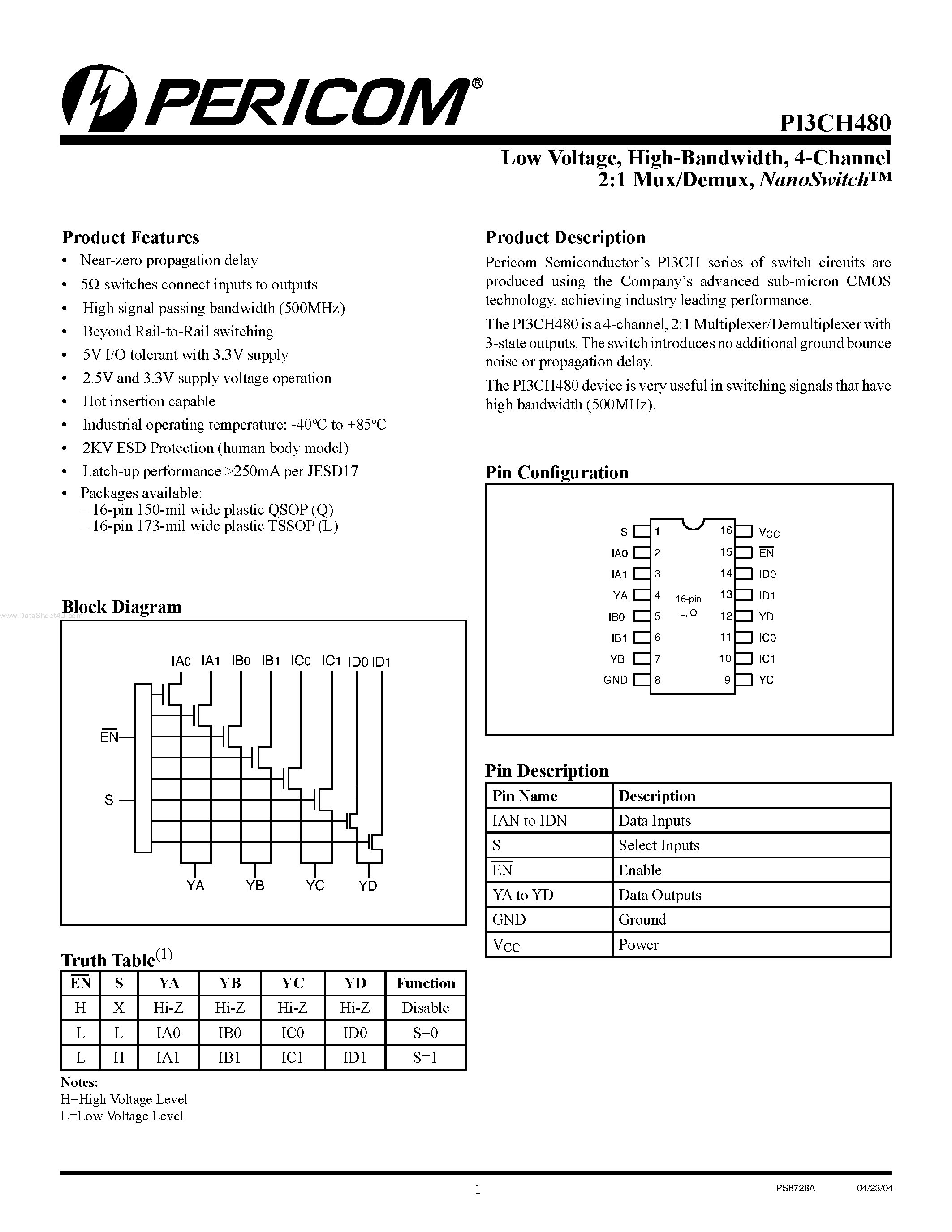 Datasheet PI3CH480 - 4-Channel 2:1 Mux/Demux NanoSwitch page 1