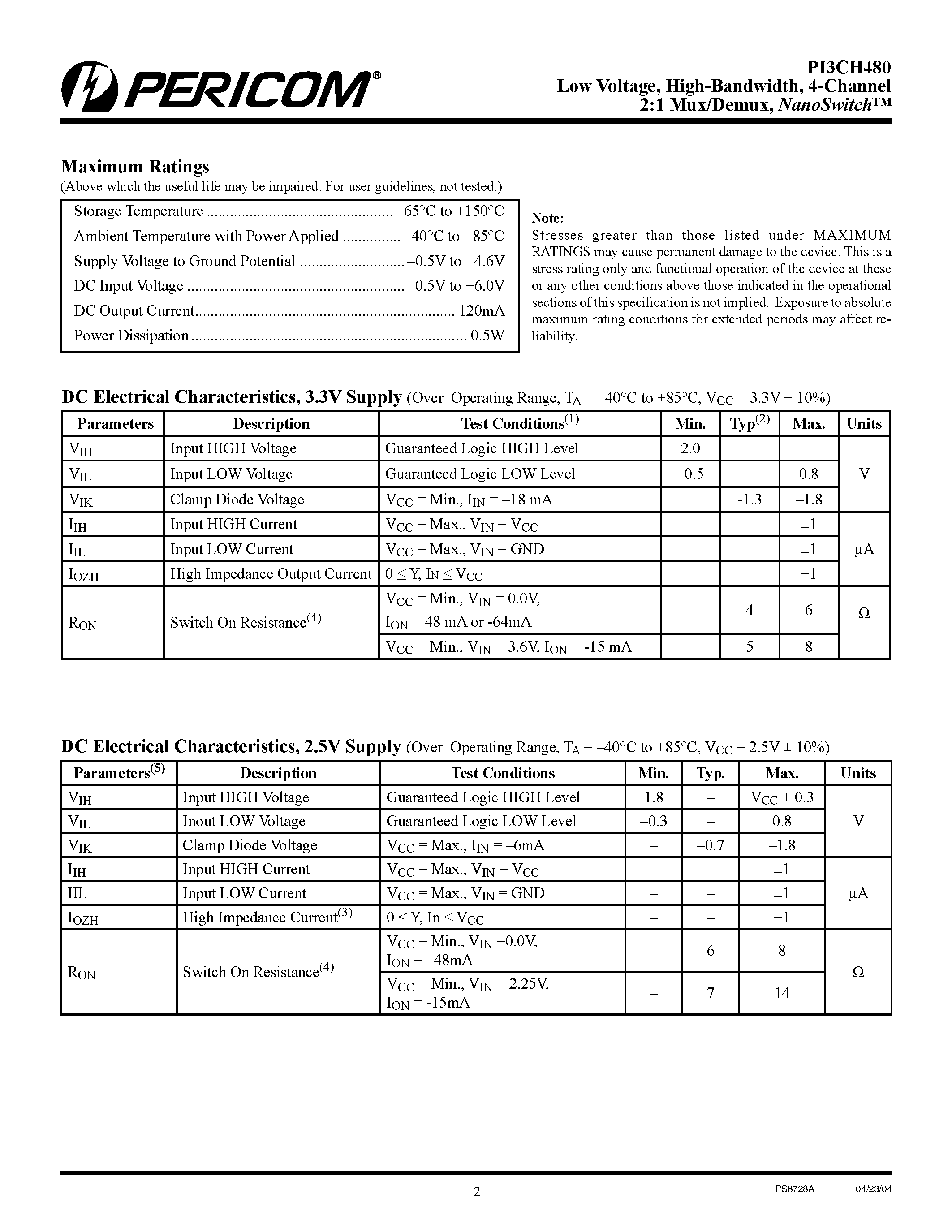 Datasheet PI3CH480 - 4-Channel 2:1 Mux/Demux NanoSwitch page 2
