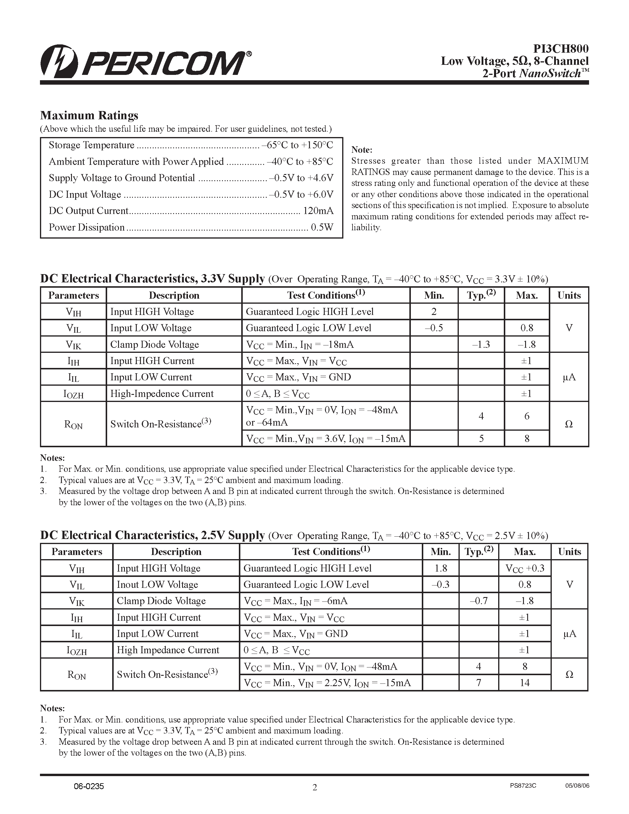 Datasheet PI3CH800 - 8-Channel 2-Port NanoSwitch page 2