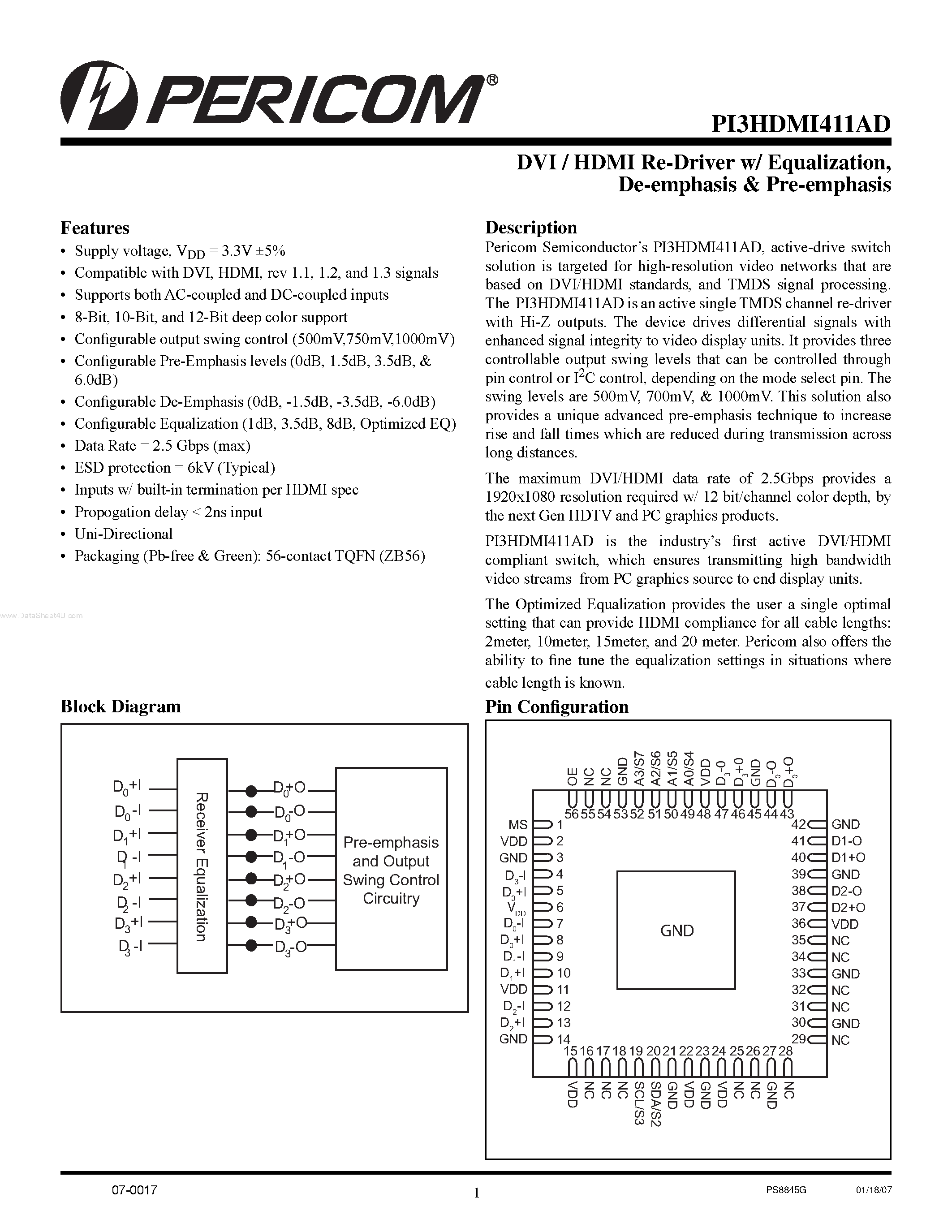 Datasheet PI3HDMI411AD - DVI / HDMI Re-Driver w/ Equalization page 1