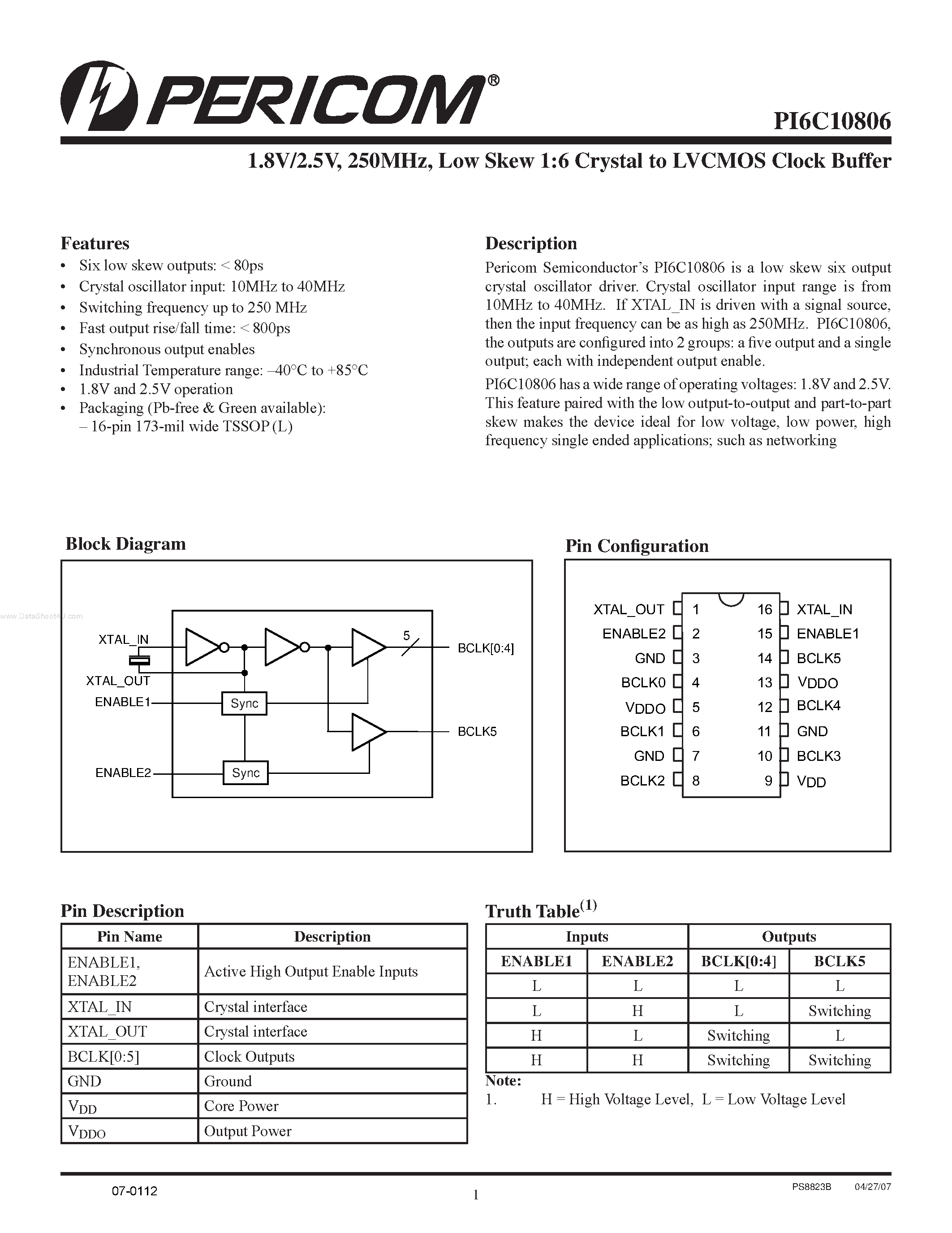 Datasheet PI6C10806 - Low Skew 1:6 Crystal to LVCMOS Clock Buffer page 1