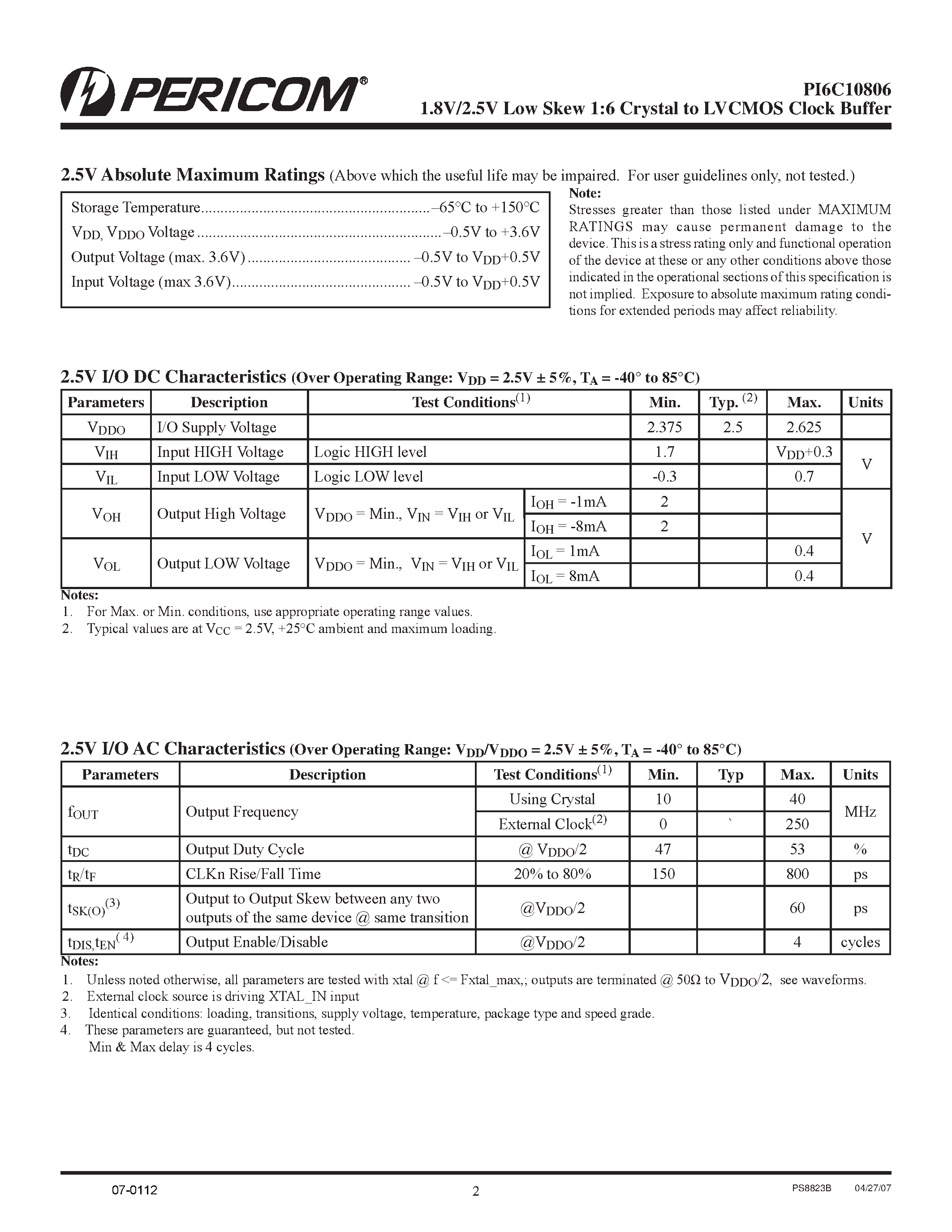Datasheet PI6C10806 - Low Skew 1:6 Crystal to LVCMOS Clock Buffer page 2