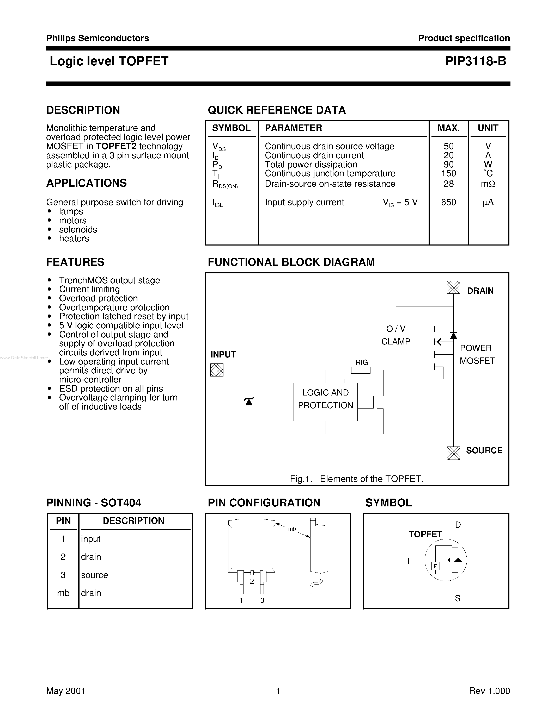 Datasheet PIP3118-B page 1 Datasheet PIP3118-B - LOGIC LEVEL TOPFET page 1