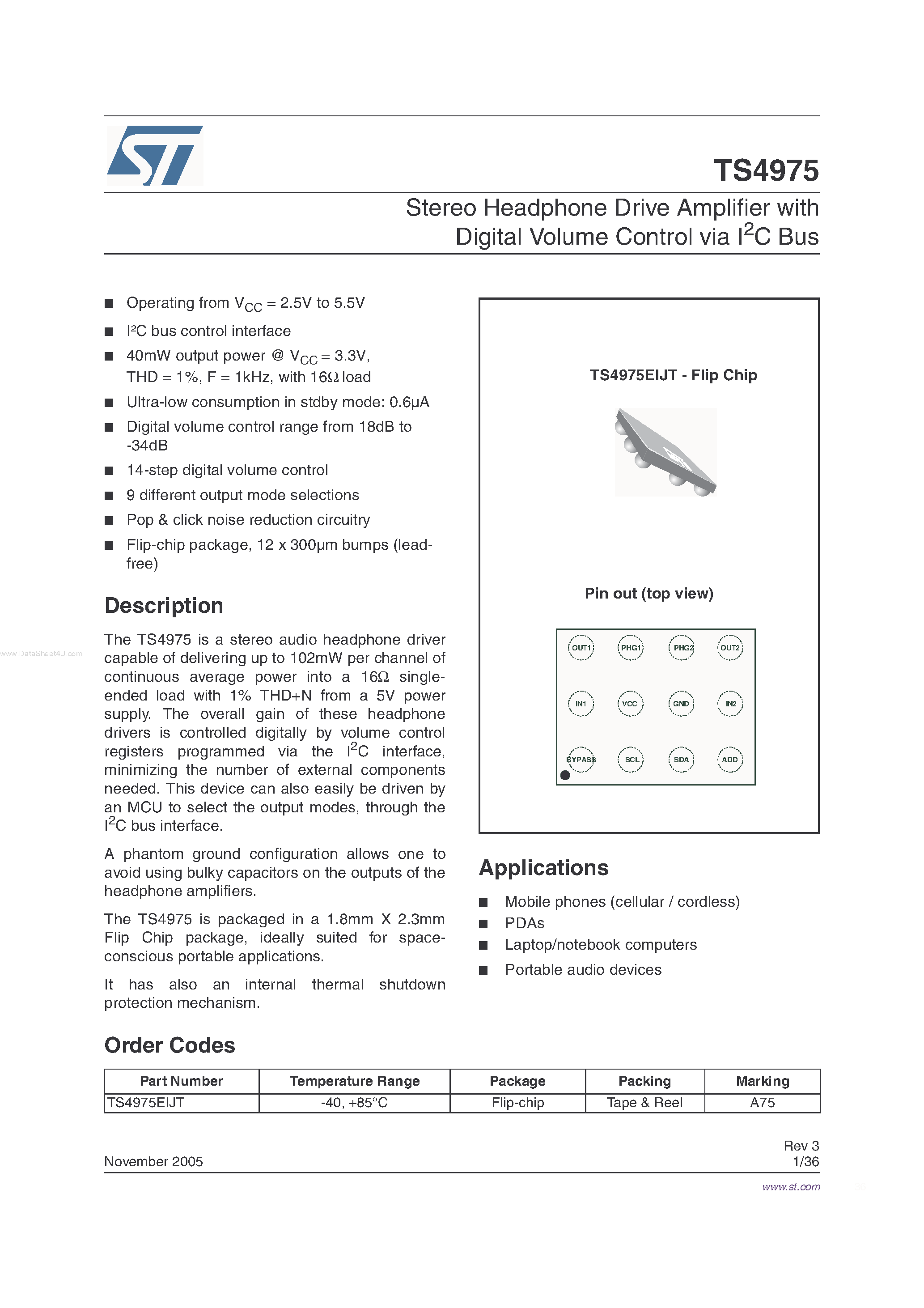 Datasheet TS4975 page 1 Datasheet TS4975 - Stereo Headphone Drive Amplifier page 1