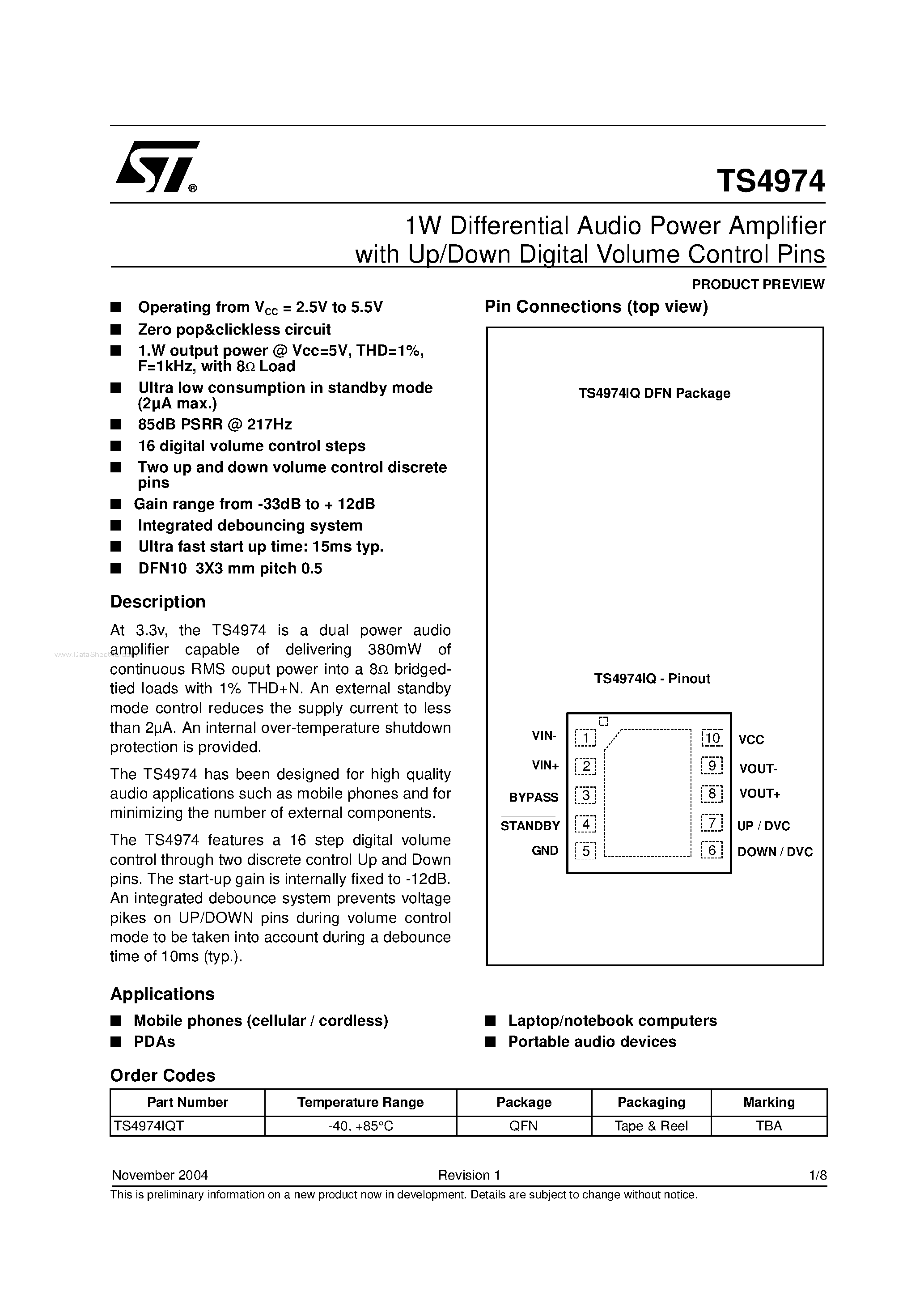 Datasheet TS4974 page 1 Datasheet TS4974 - 1W Differential Audio Power Amplifier page 1