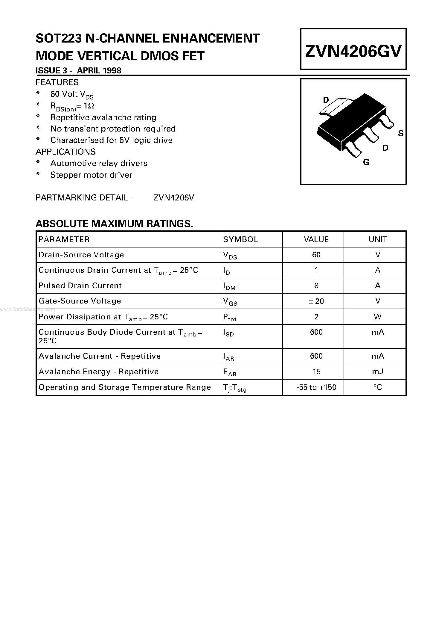 Datasheet ZVN4206GV - SOT223 N-CHANNEL ENHANCEMENT MODE VERTICAL DMOS FET page 1