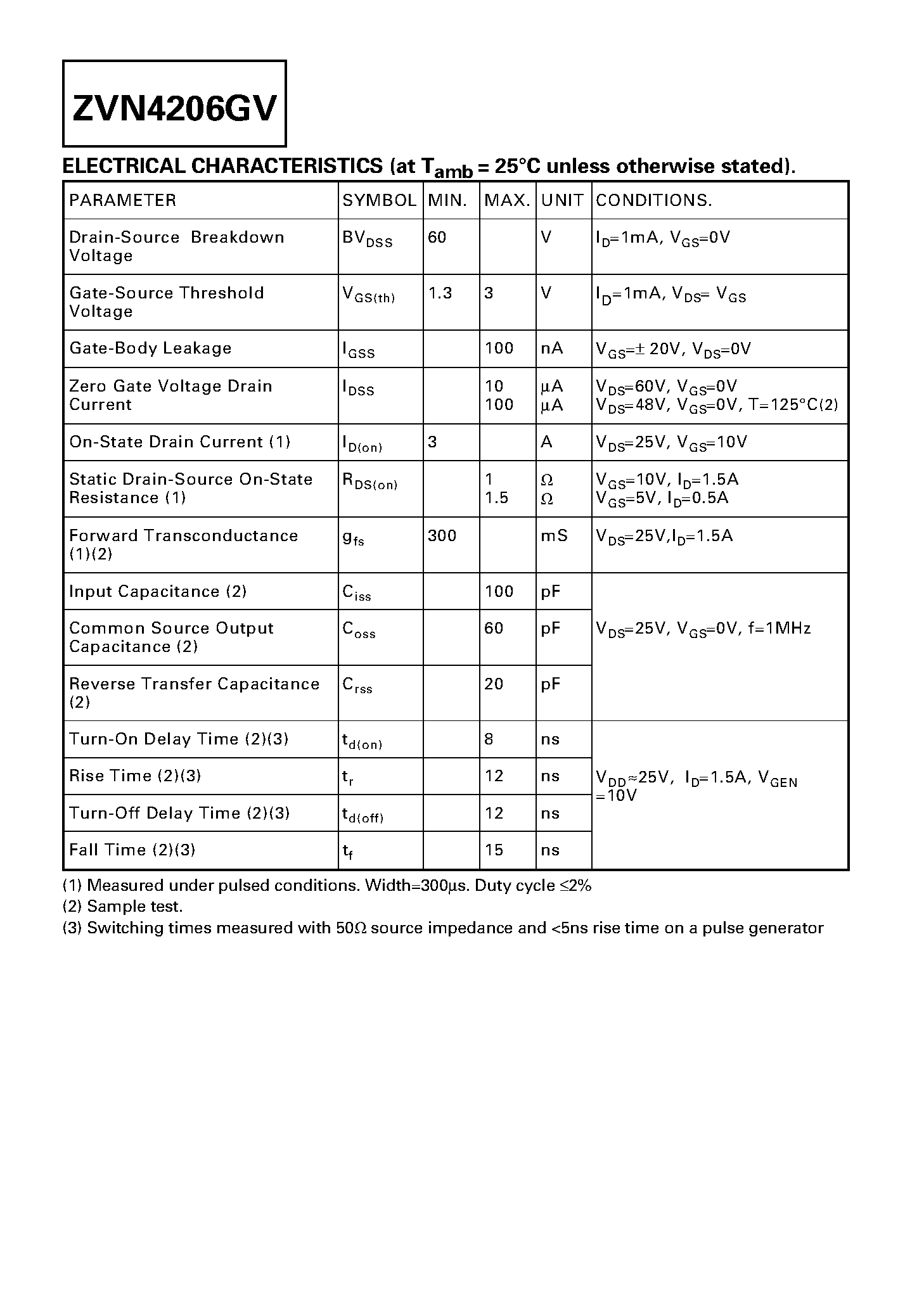 Datasheet ZVN4206GV - SOT223 N-CHANNEL ENHANCEMENT MODE VERTICAL DMOS FET page 2