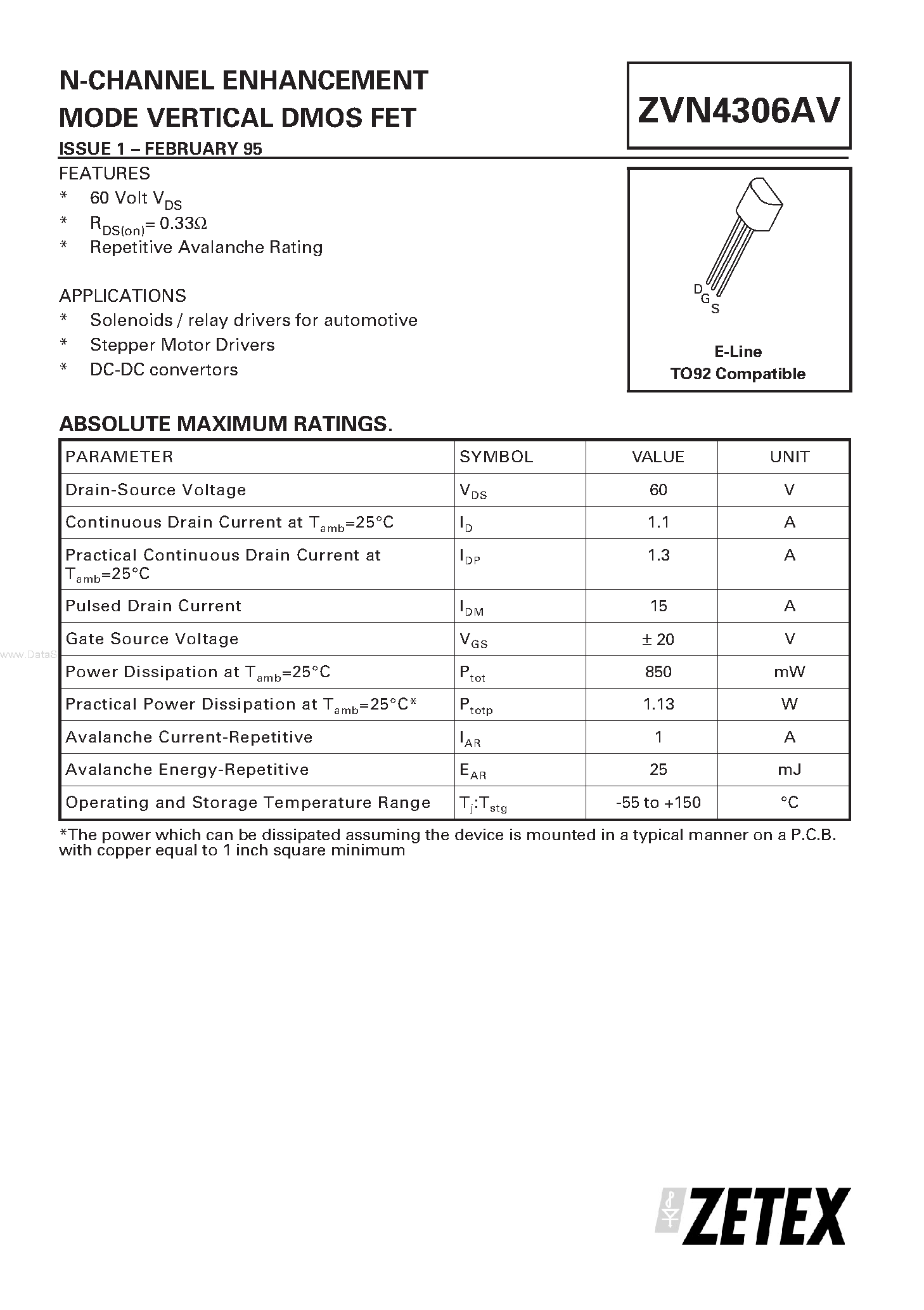 Datasheet ZVN4306AV - N-CHANNEL ENHANCEMENT MODE VERTICAL DMOS FET page 1