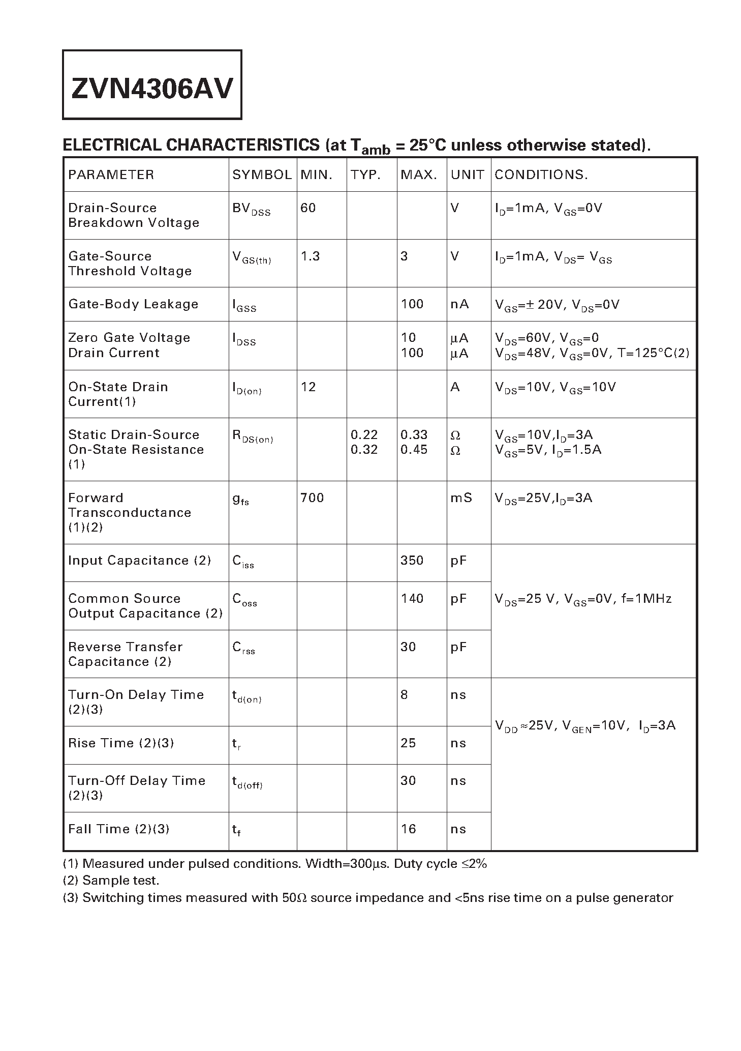 Datasheet ZVN4306AV - N-CHANNEL ENHANCEMENT MODE VERTICAL DMOS FET page 2