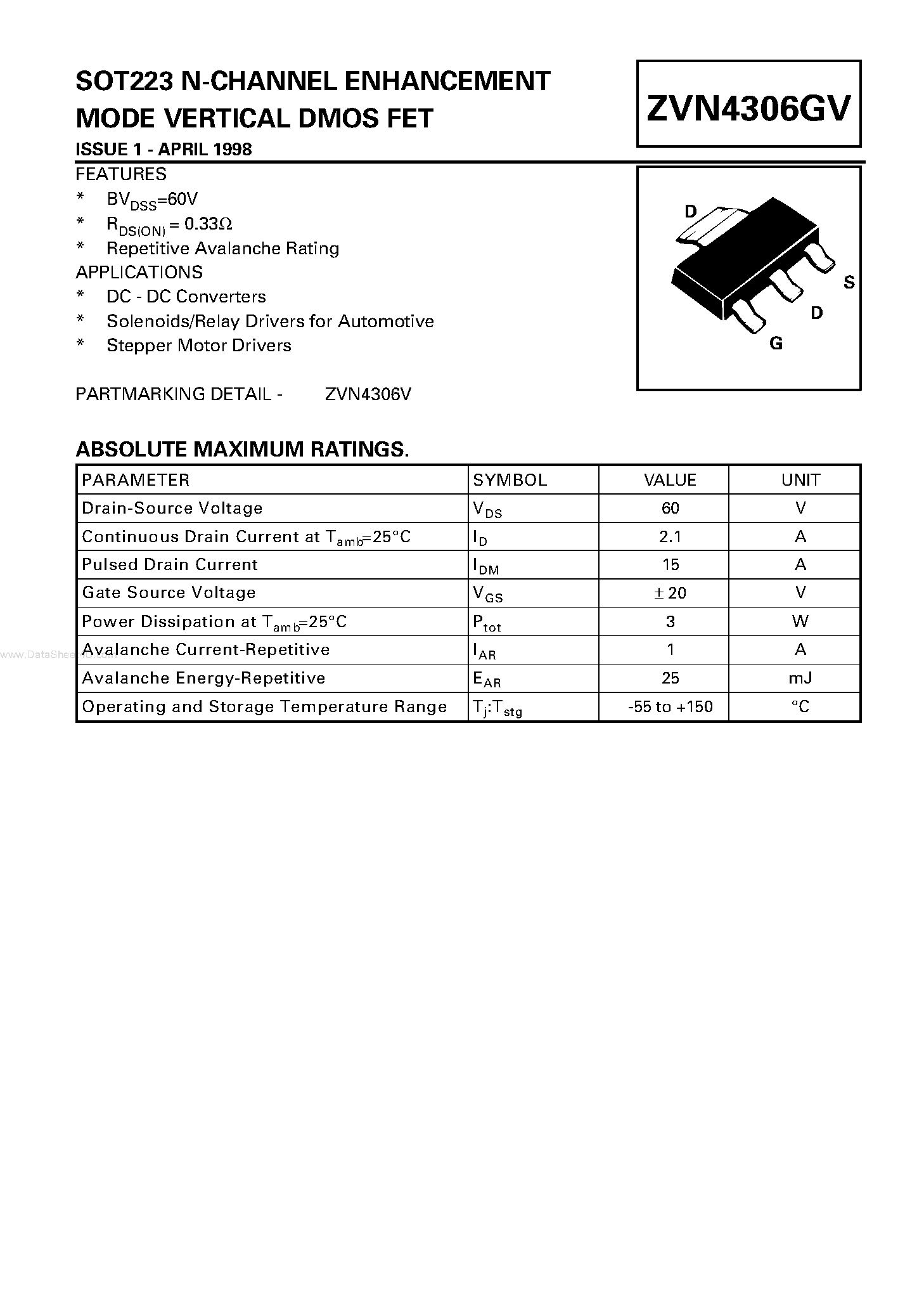 Datasheet ZVN4306GV - SOT223 N-CHANNEL ENHANCEMENT MODE VERTICAL DMOS FET page 1
