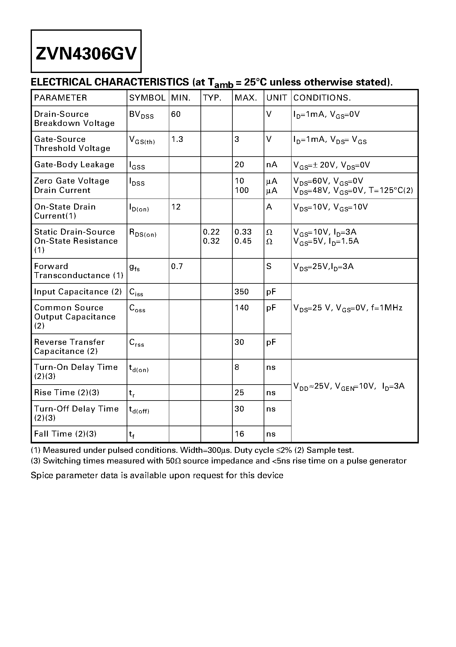 Datasheet ZVN4306GV - SOT223 N-CHANNEL ENHANCEMENT MODE VERTICAL DMOS FET page 2