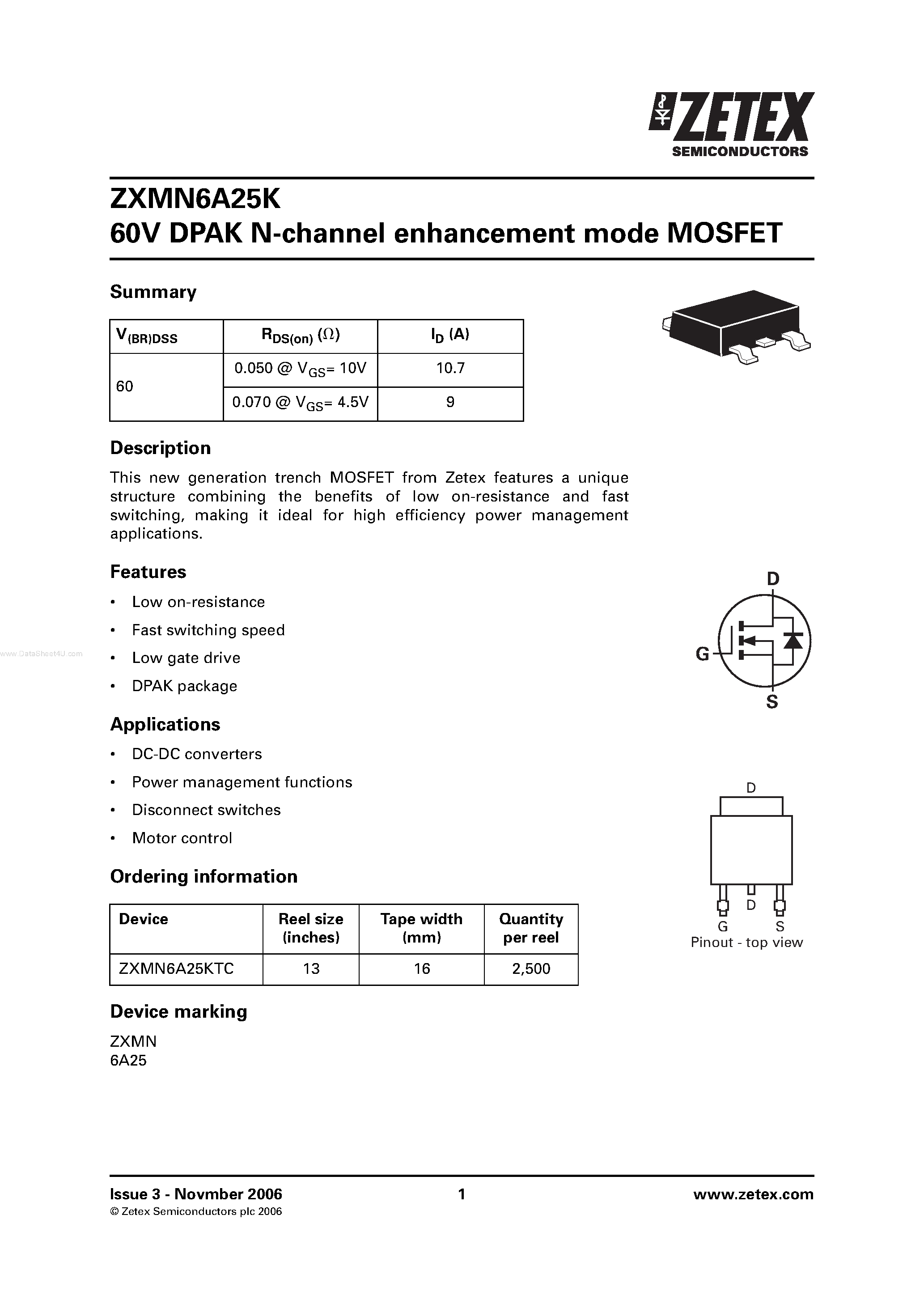 Даташит ZXMN6A25K - 60V DPAK N-channel enhancement mode MOSFET страница 1