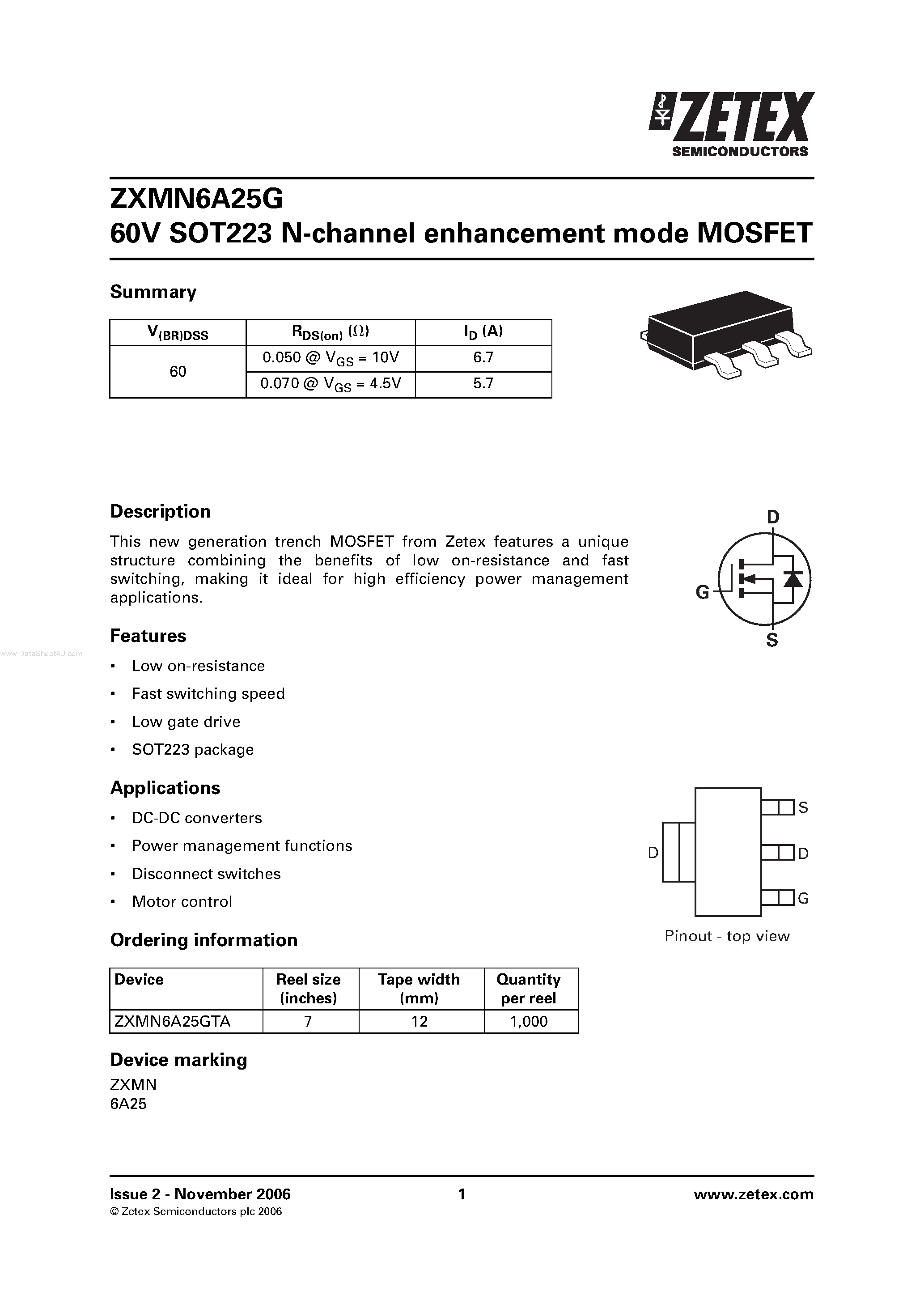 Datasheet ZXMN6A25G page 1 Datasheet ZXMN6A25G - 60V SOT223 N-channel enhancement mode MOSFET page 1