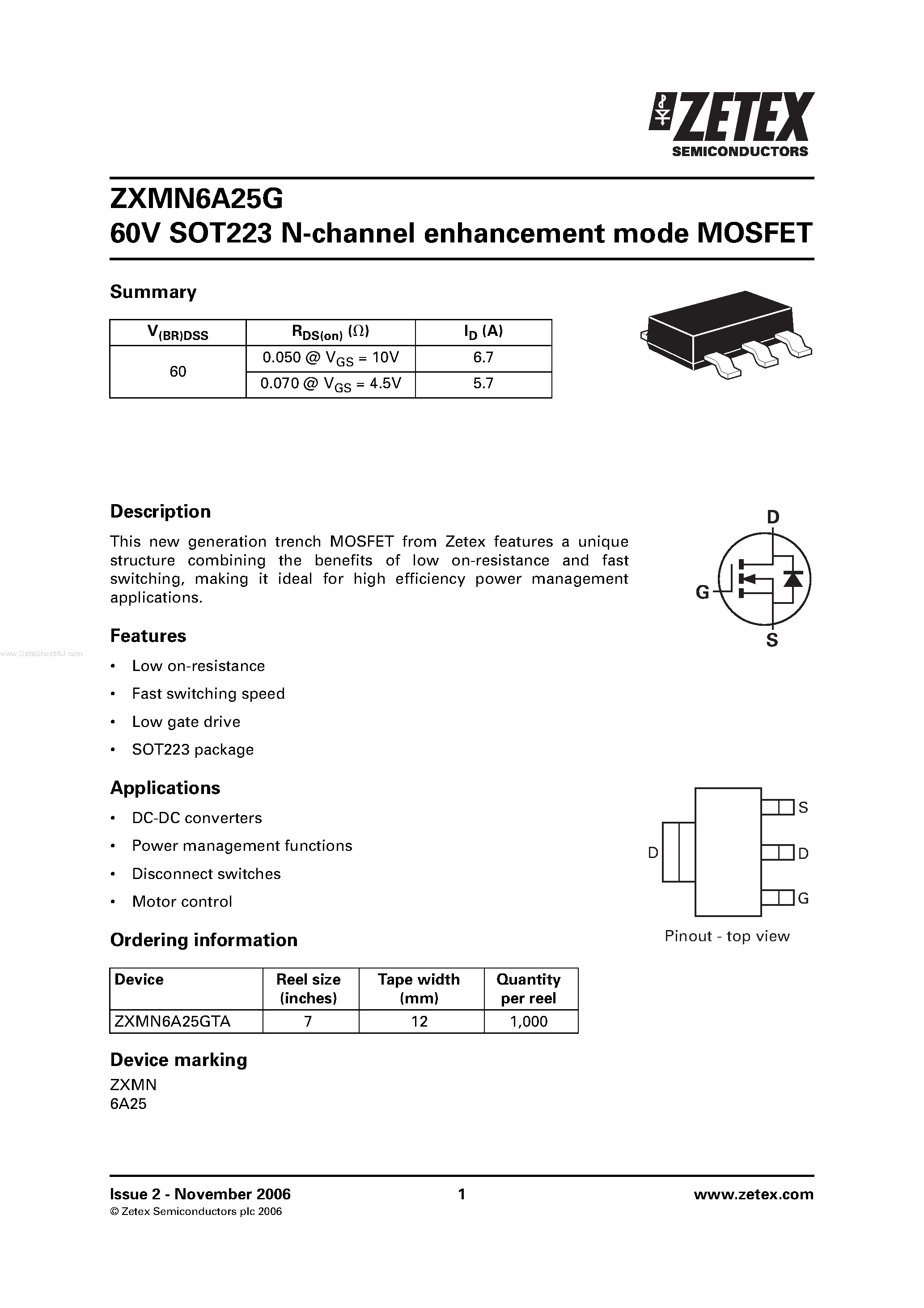 Даташит ZXMN6A25G - 60V SOT223 N-channel enhancement mode MOSFET страница 1